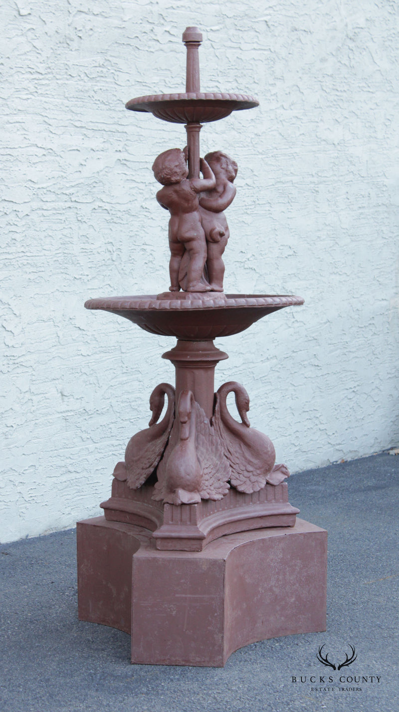 Antique Neoclassical Style Cast Iron Garden Fountain with Cherubs and Swans