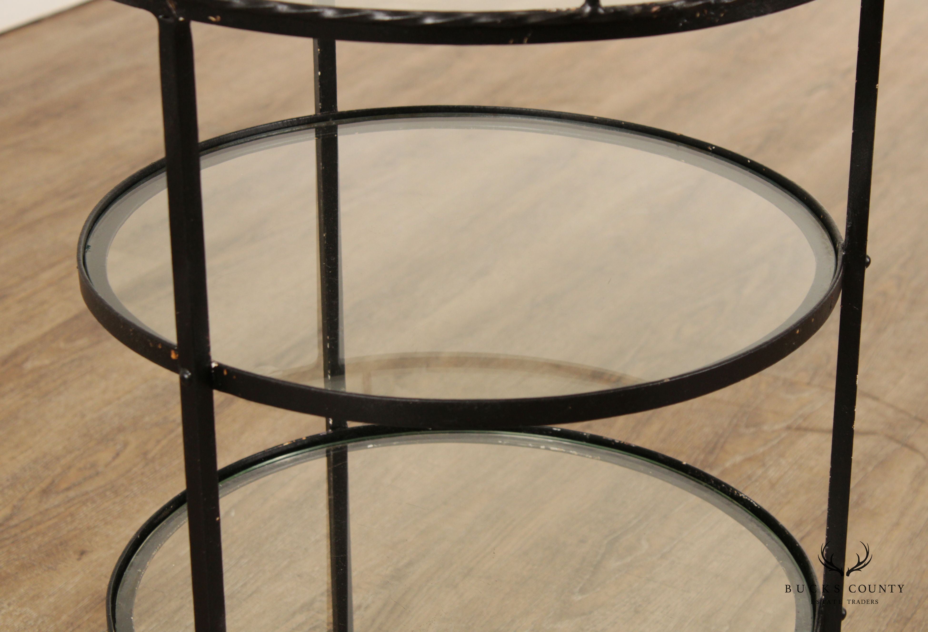 Mid Century Modern Wrought Iron & Glass Tiered Round Side Table