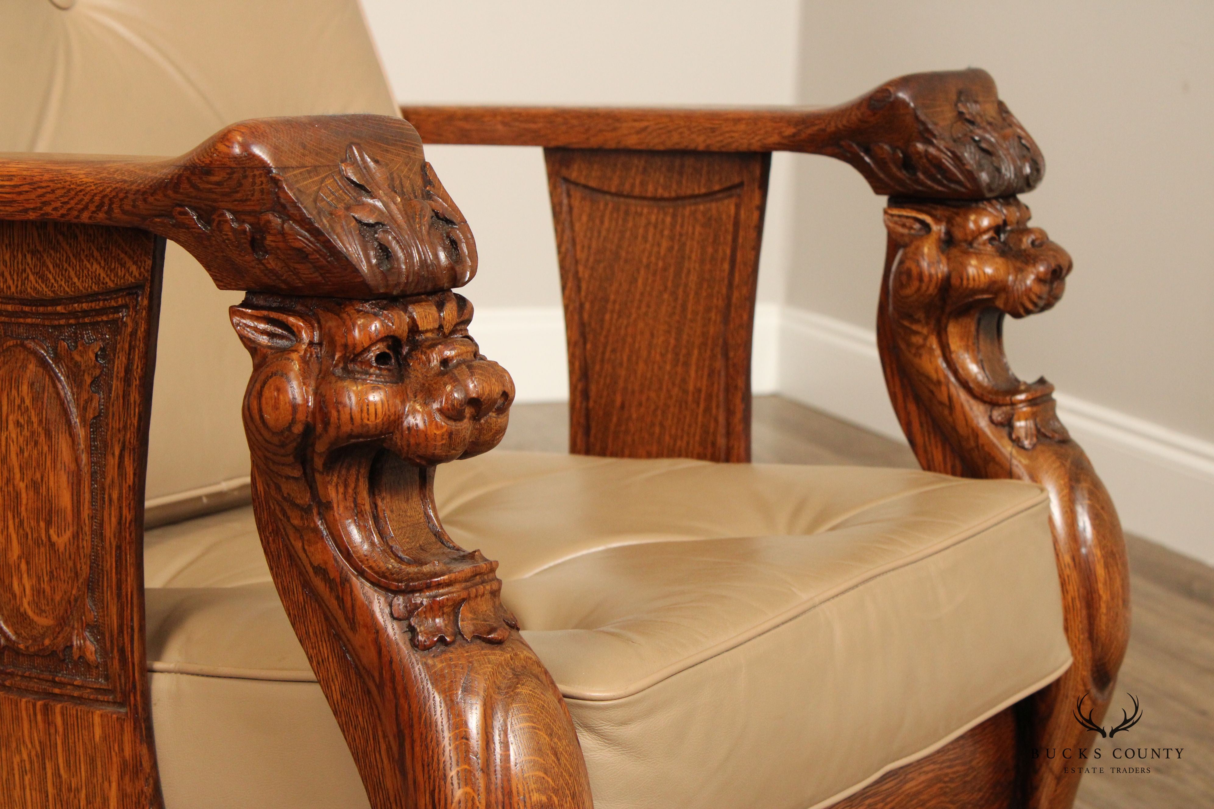 Renaissance Revival Antique Pair of Carved Oak Lion Head Reclining Morris Chairs