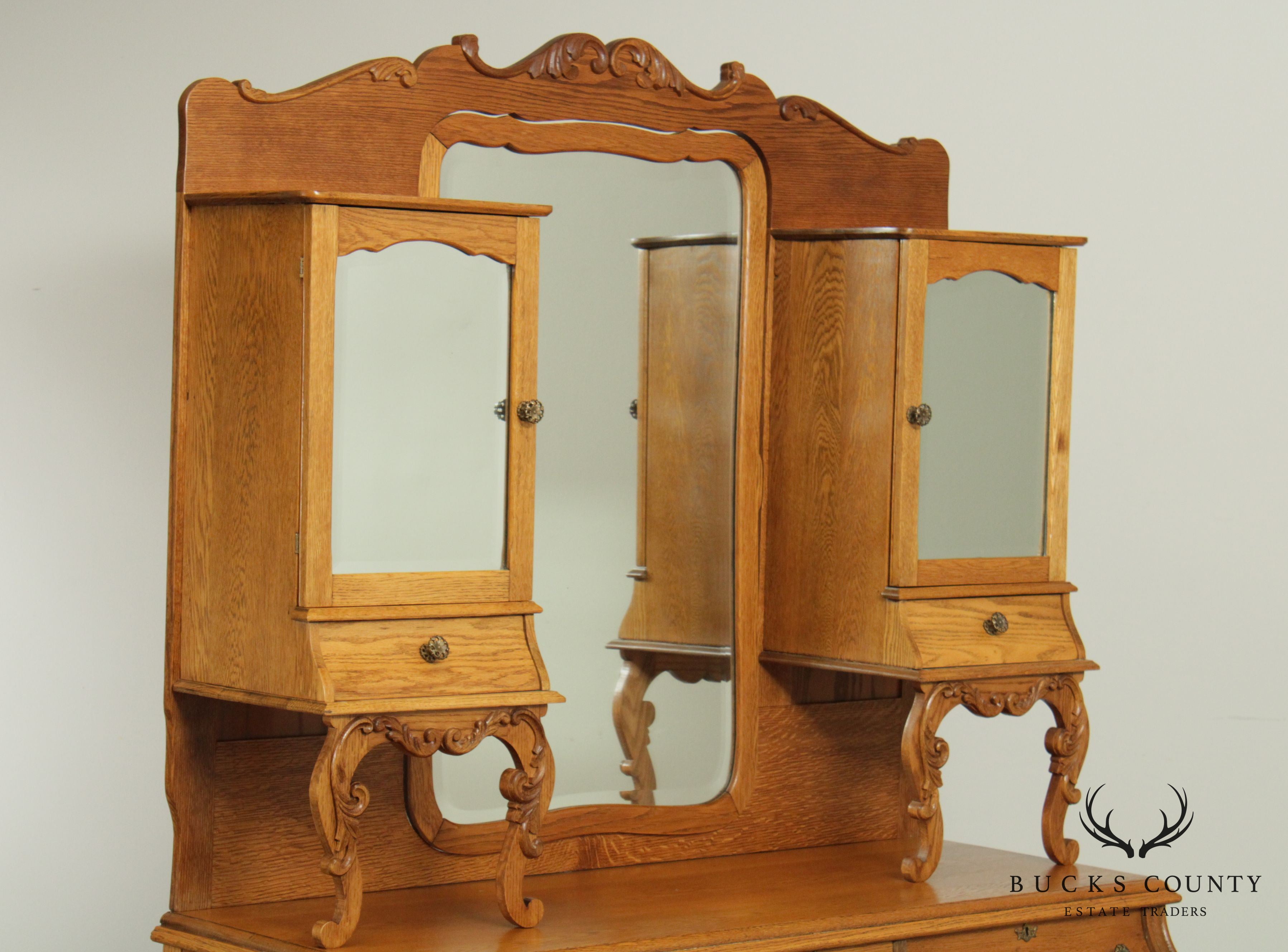 Antique Victorian Oak Unusual Double Dresser, Mirror Back