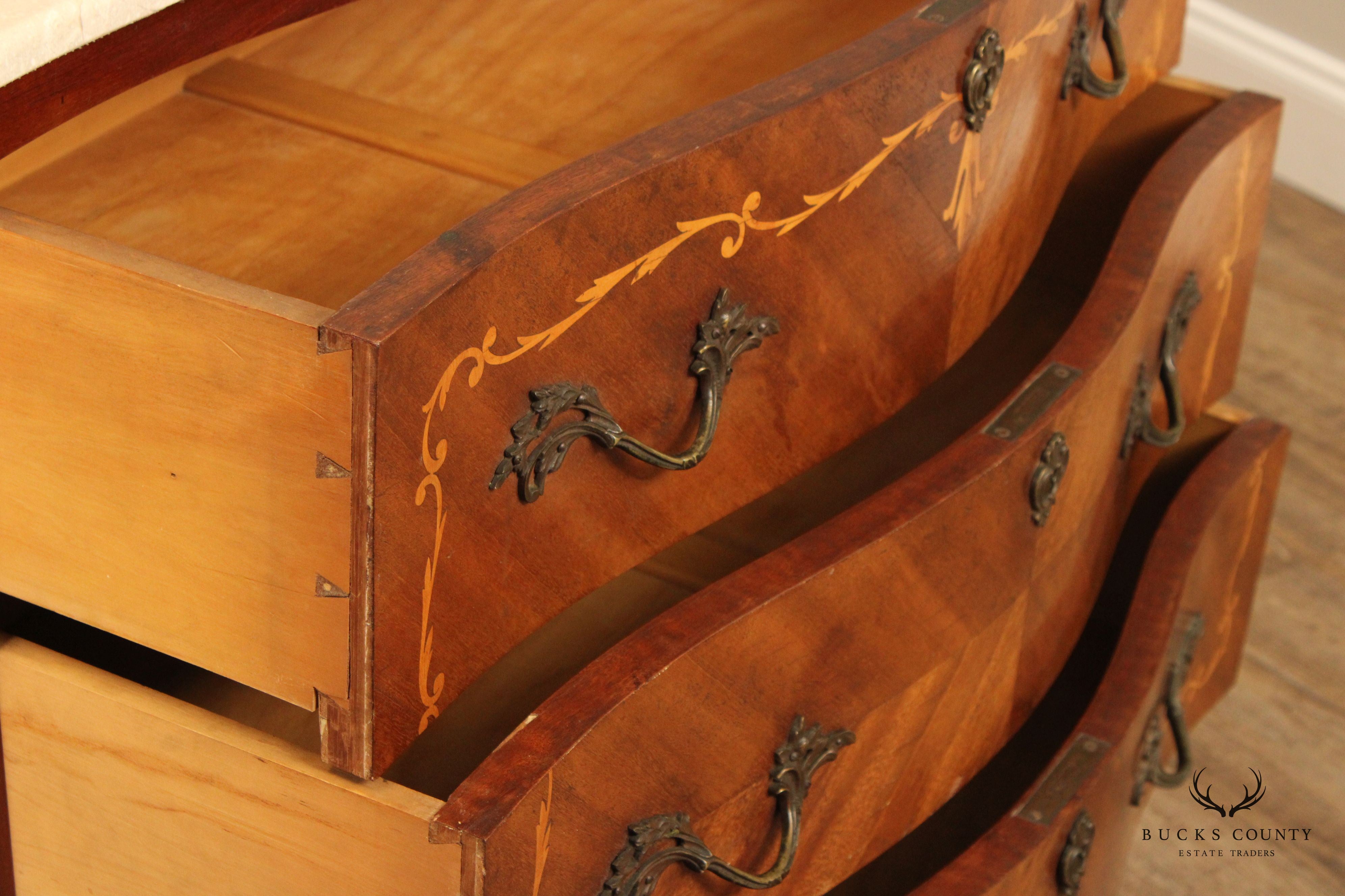 1920's French Marquetry Inlaid Marble Top Chest of Drawers