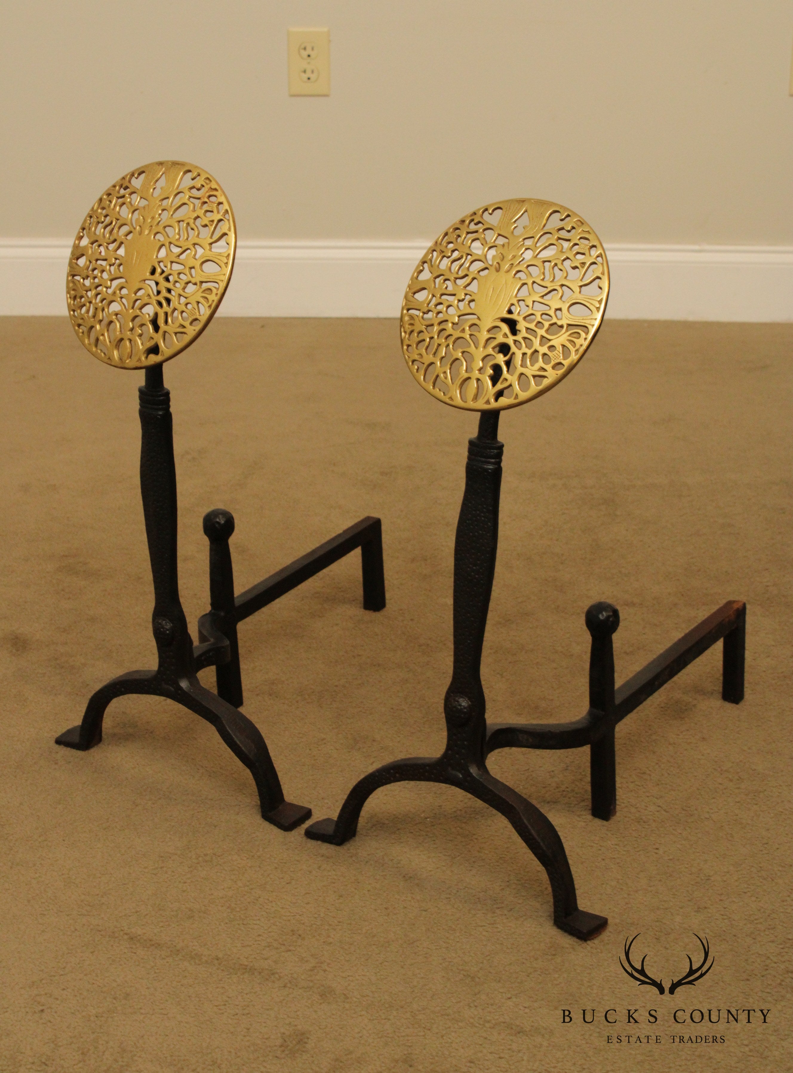 Virginia Metalcrafters Black Iron & Brass Medallion Andirons