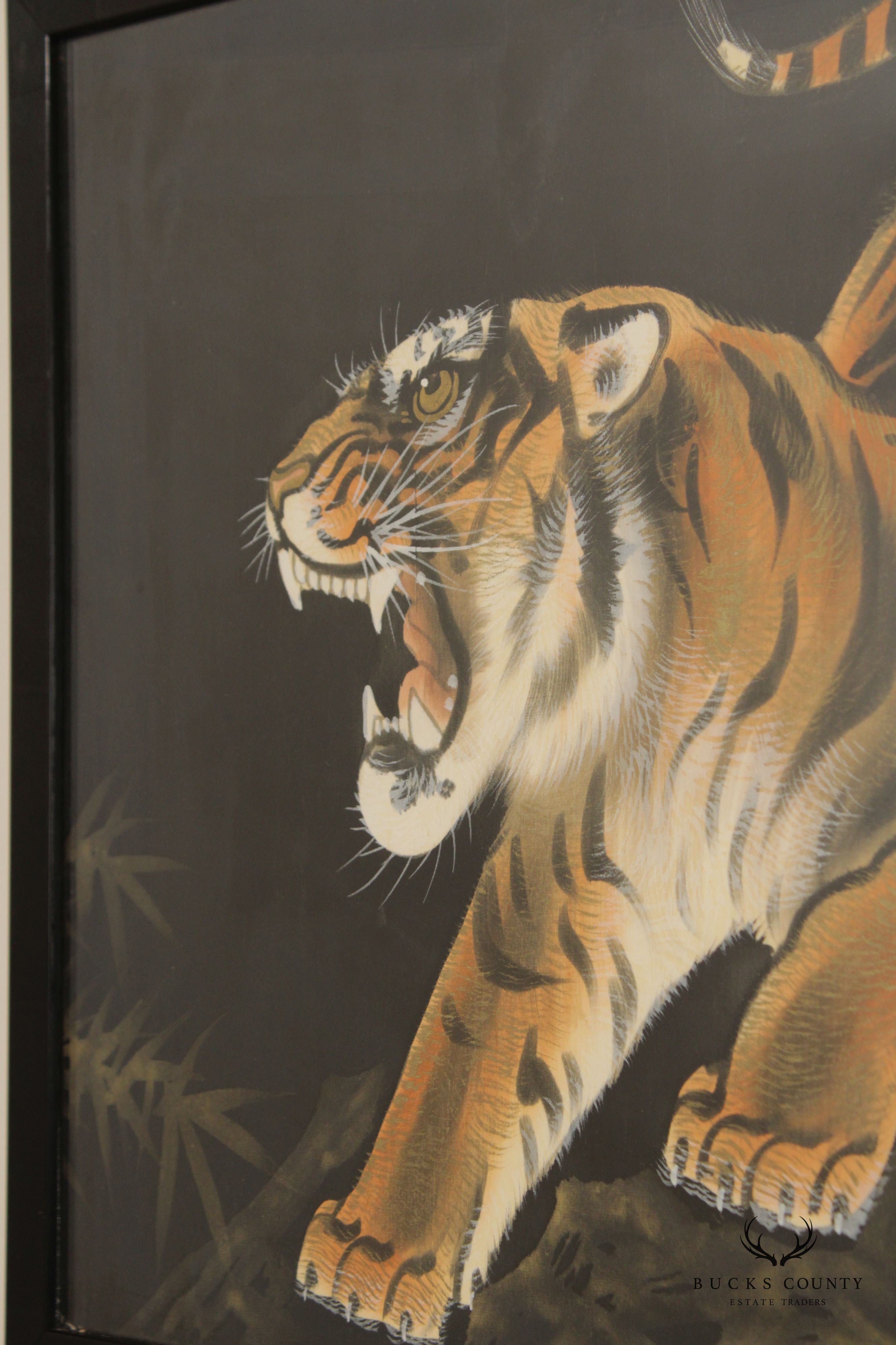 Vintage Chinese Pair of Crouching Tiger Silk Paintings