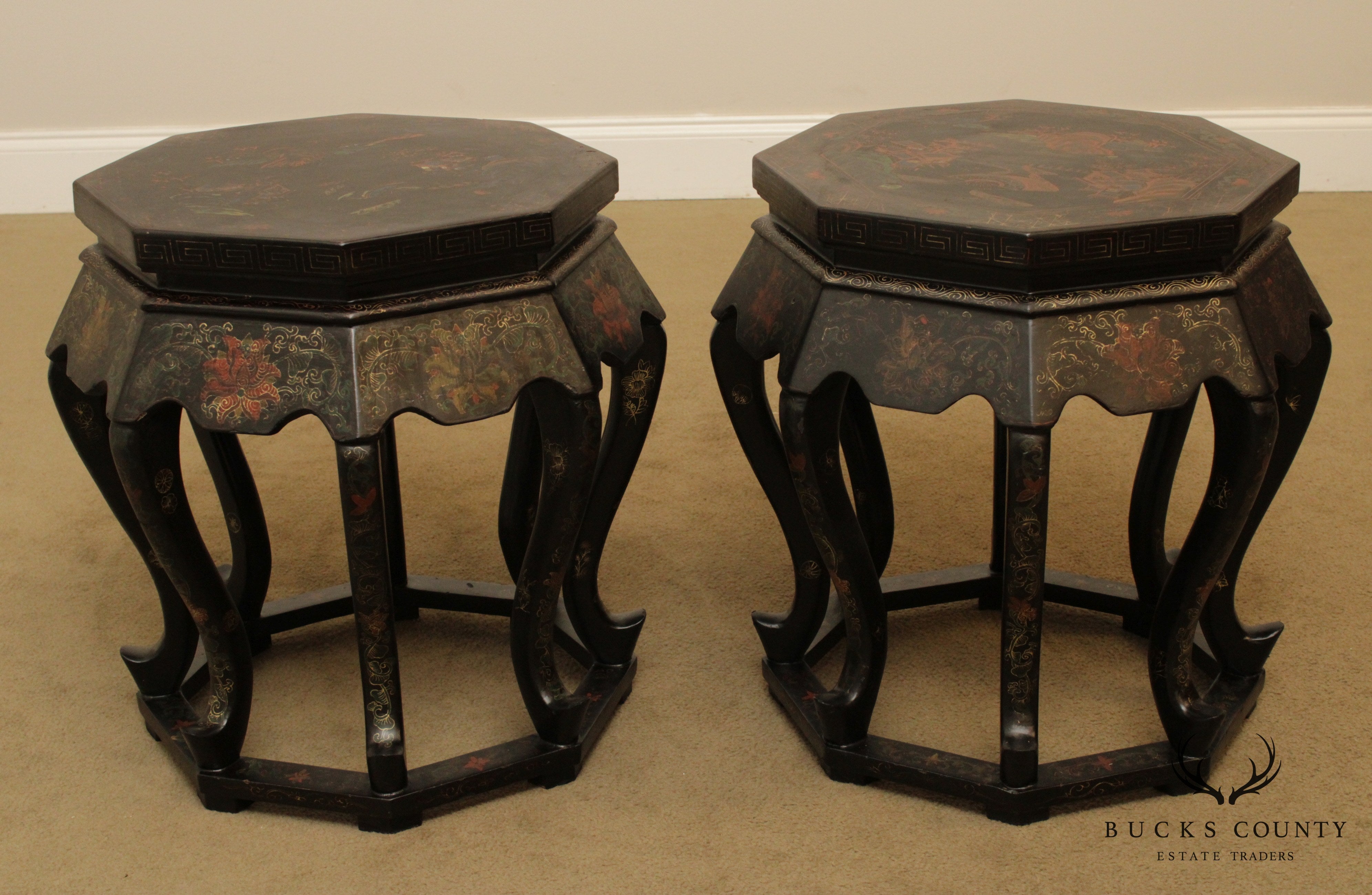 Vintage Pair Chinoiserie Decorated Taborets, Stands