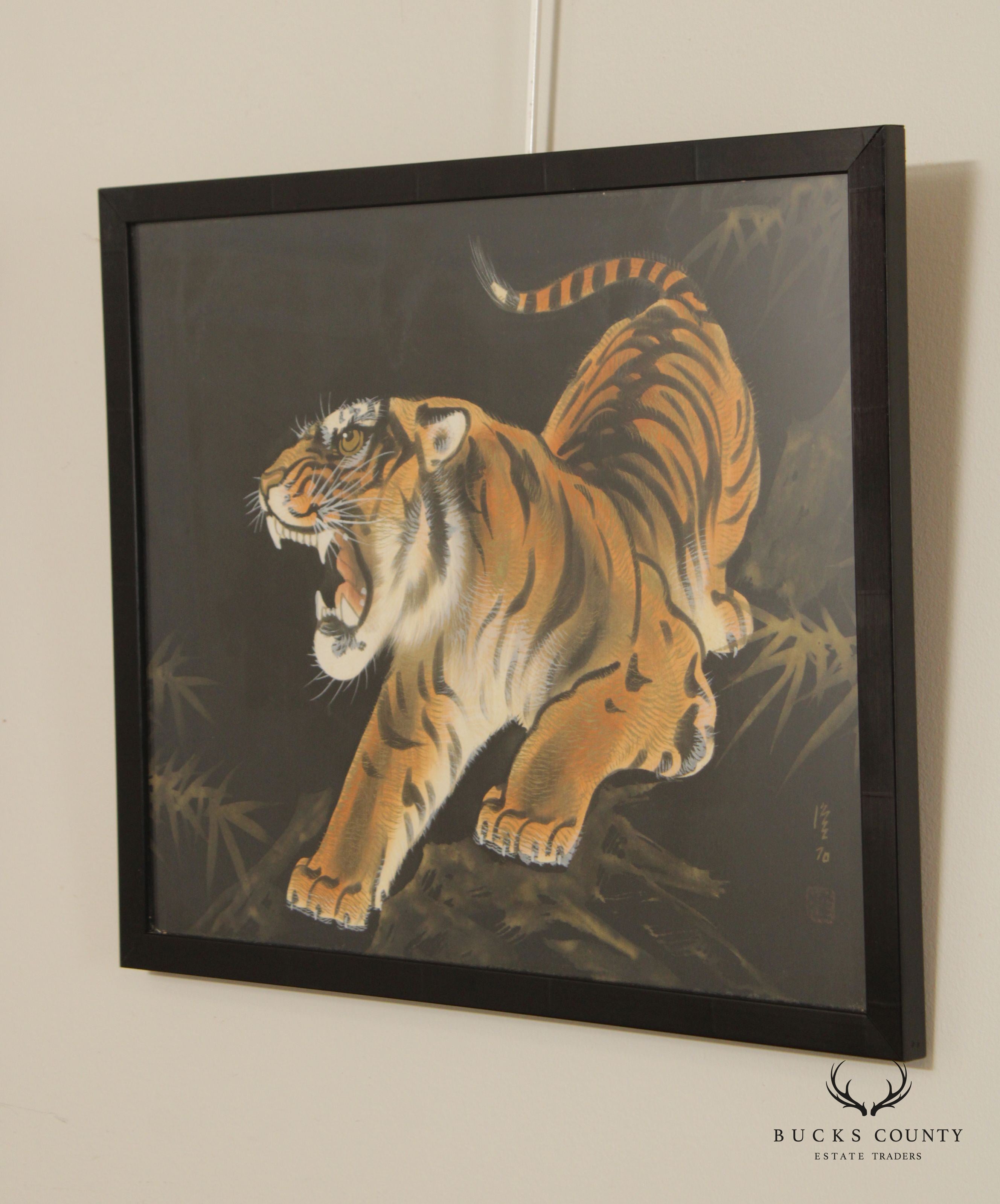 Vintage Chinese Pair of Crouching Tiger Silk Paintings