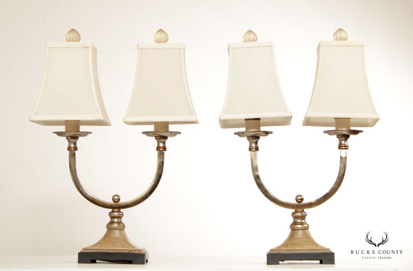 Modern Neoclassical Style Pair of Chrome Two-Light Table Lamps (C)