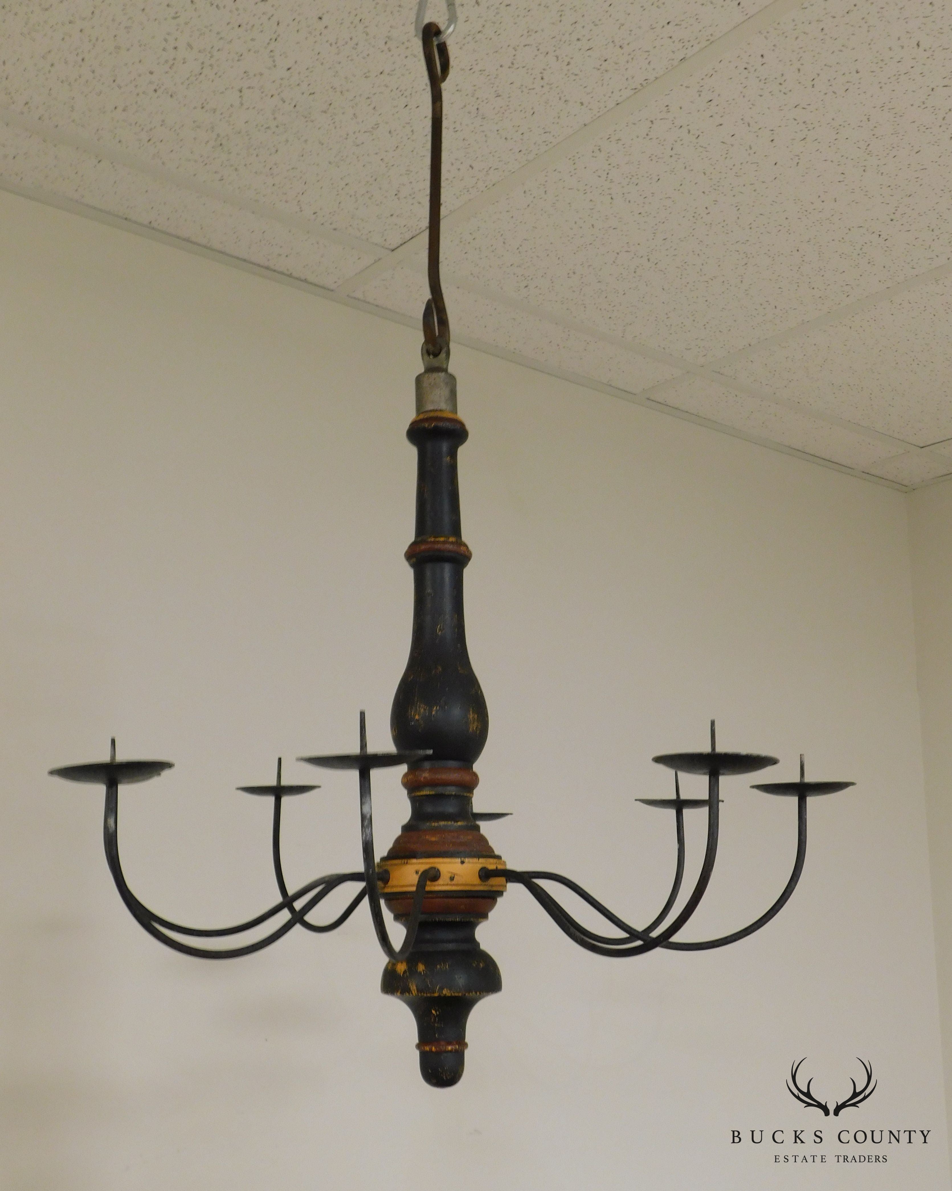 Custom Quality Folk Art 8 Light Turned Wood & Iron Chandelier