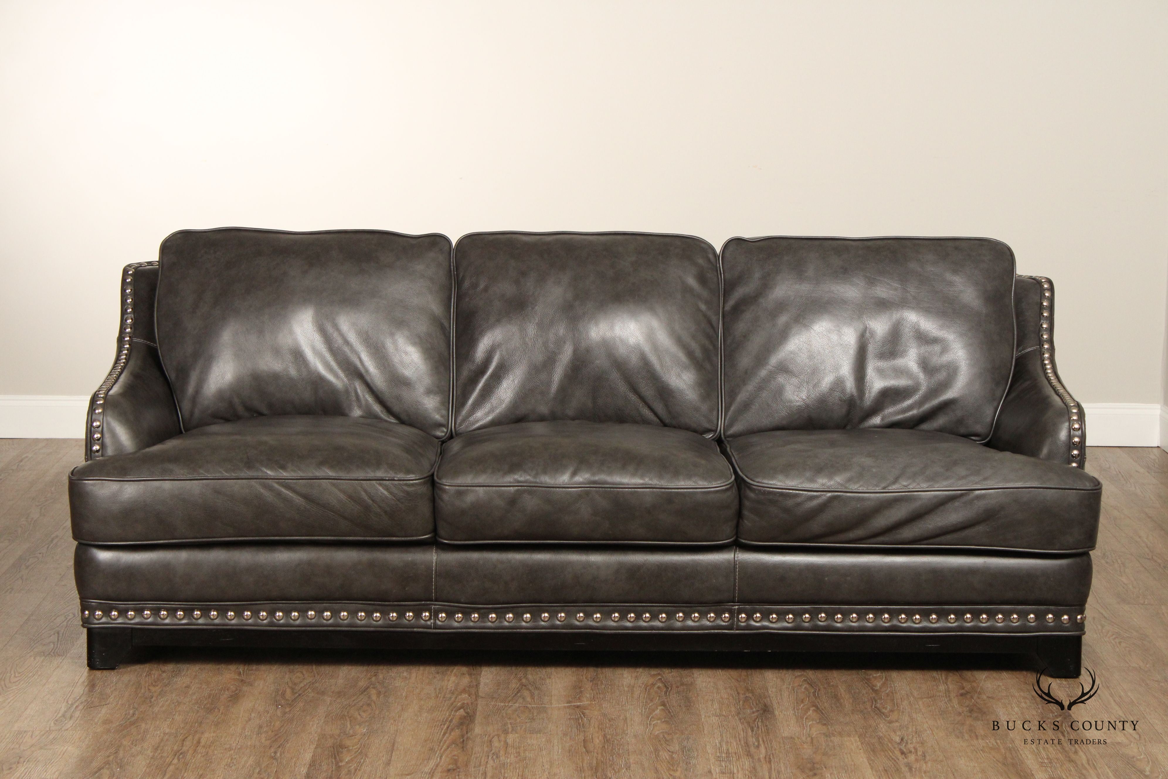 Quality Grey Leather Three Seat Nailhead Sofa