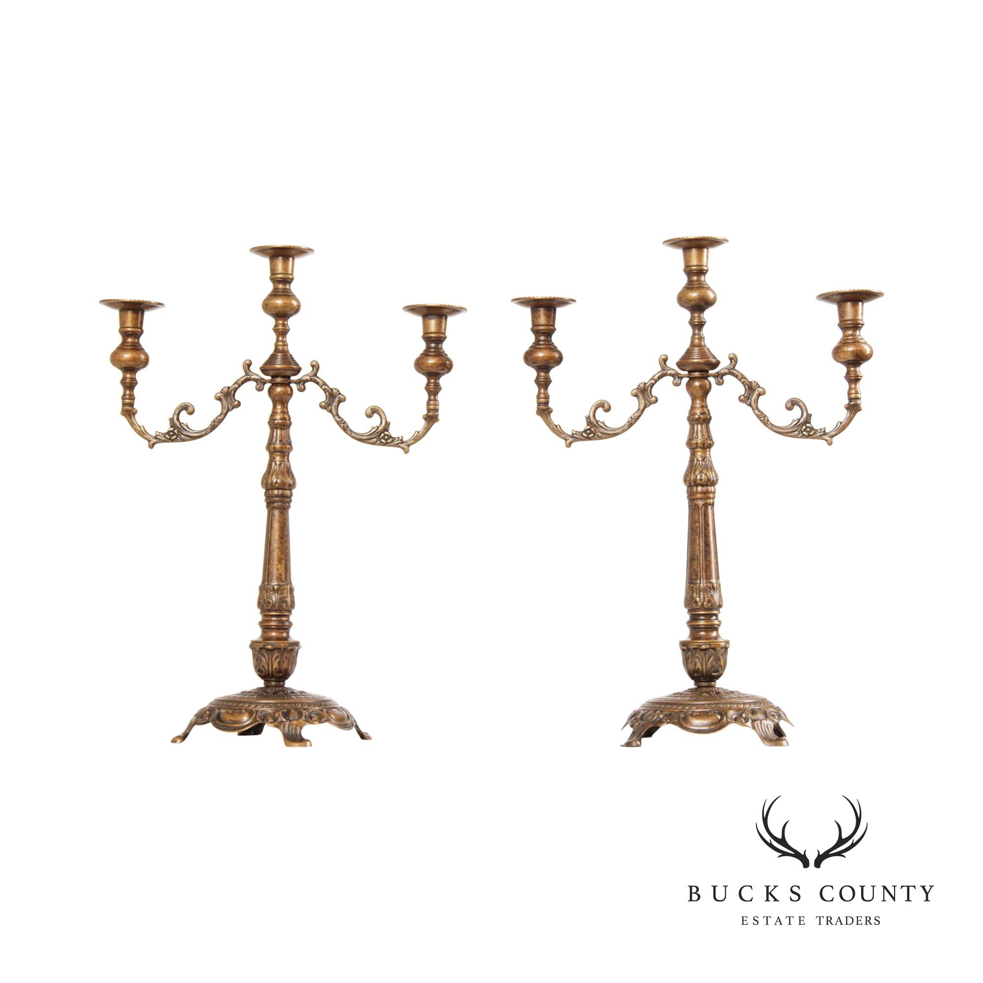 Victorian Style Pair of Bronze Three-Light Candelabra