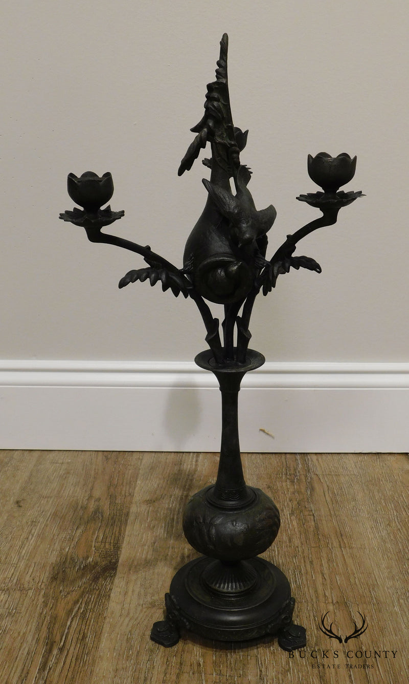 Pair Aesthetic Movement Cast Metal Candlesticks Swallows Nesting in Hanging Gourds