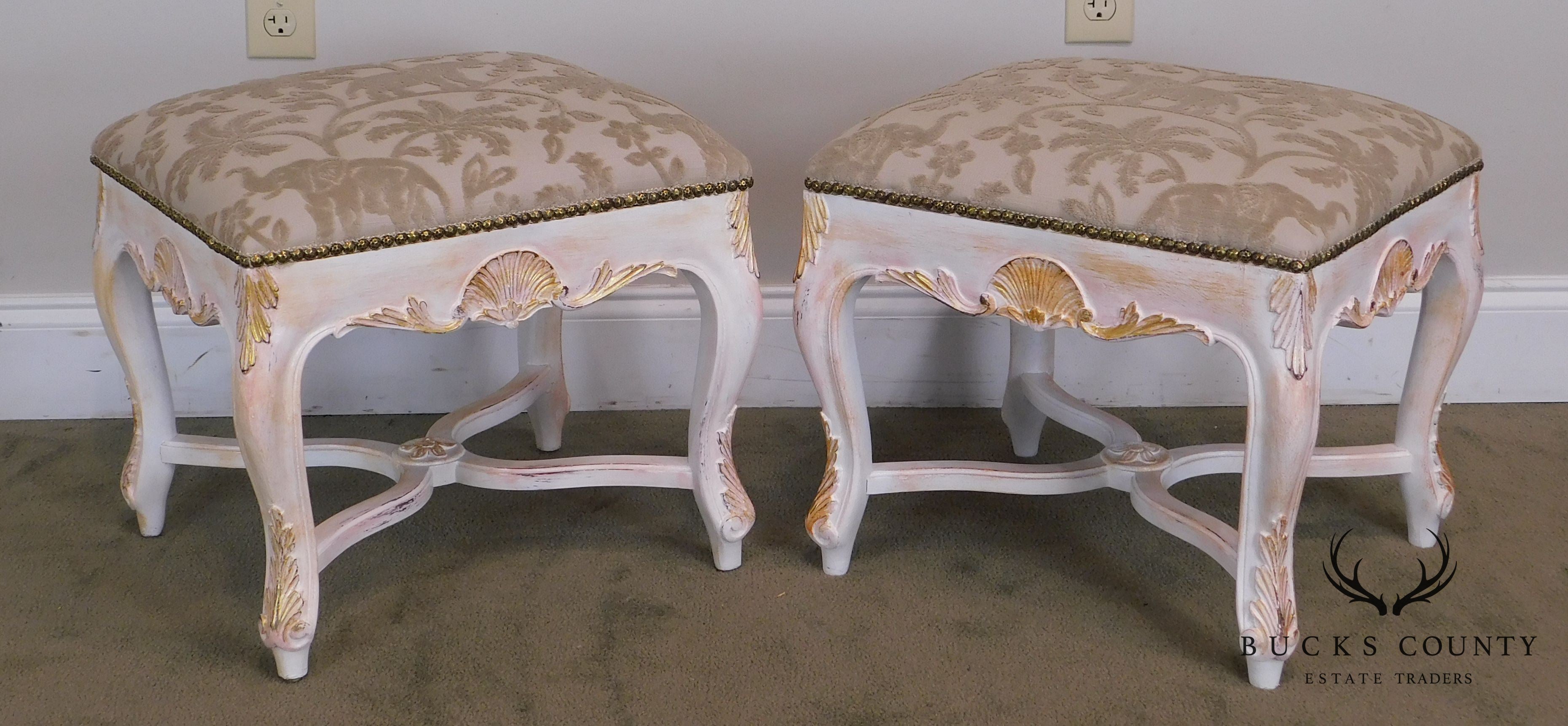 Italian Rococo Style Gilt & Painted Carved Pair Stools