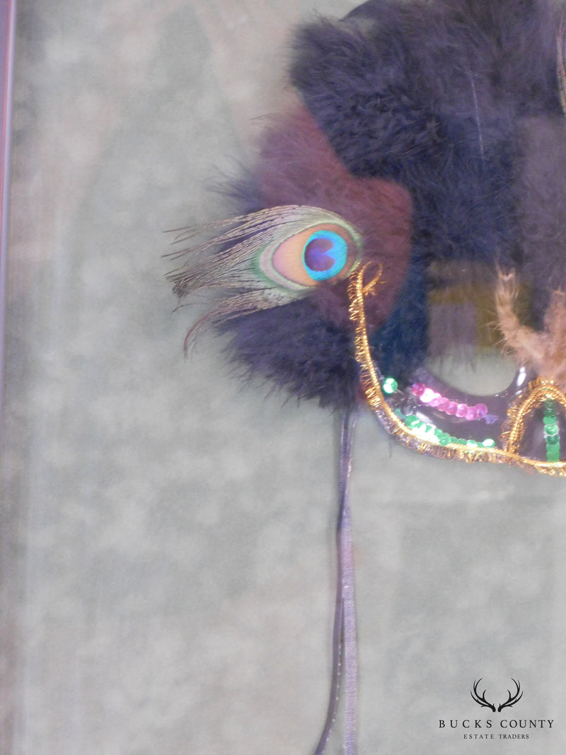 Hand Crafted Mardi Gras Mask with Peacock Feathers and Beaded Ties, Framed