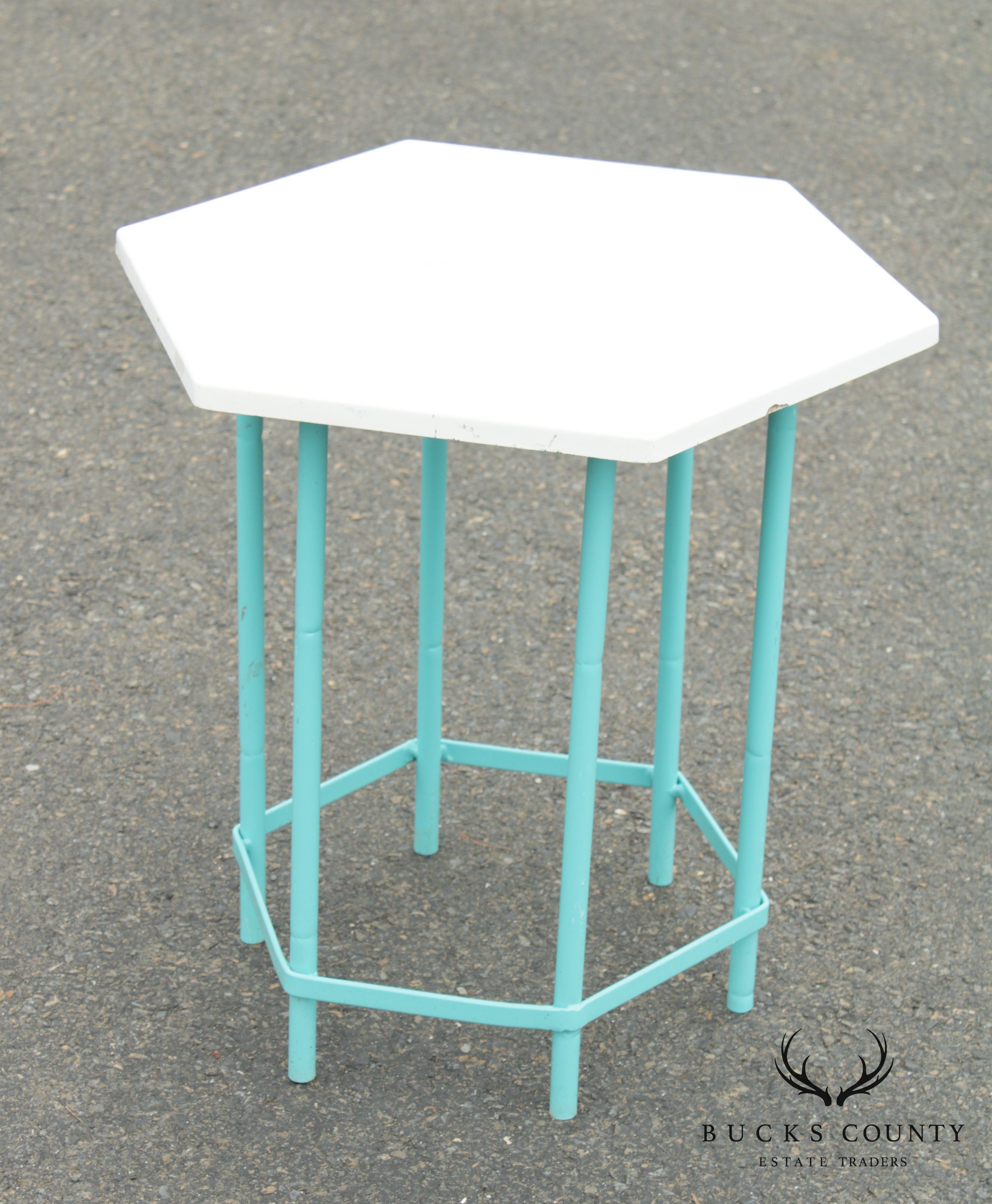 Mid Century Modern Teal Painted Base Hexagon Top Patio Side Table