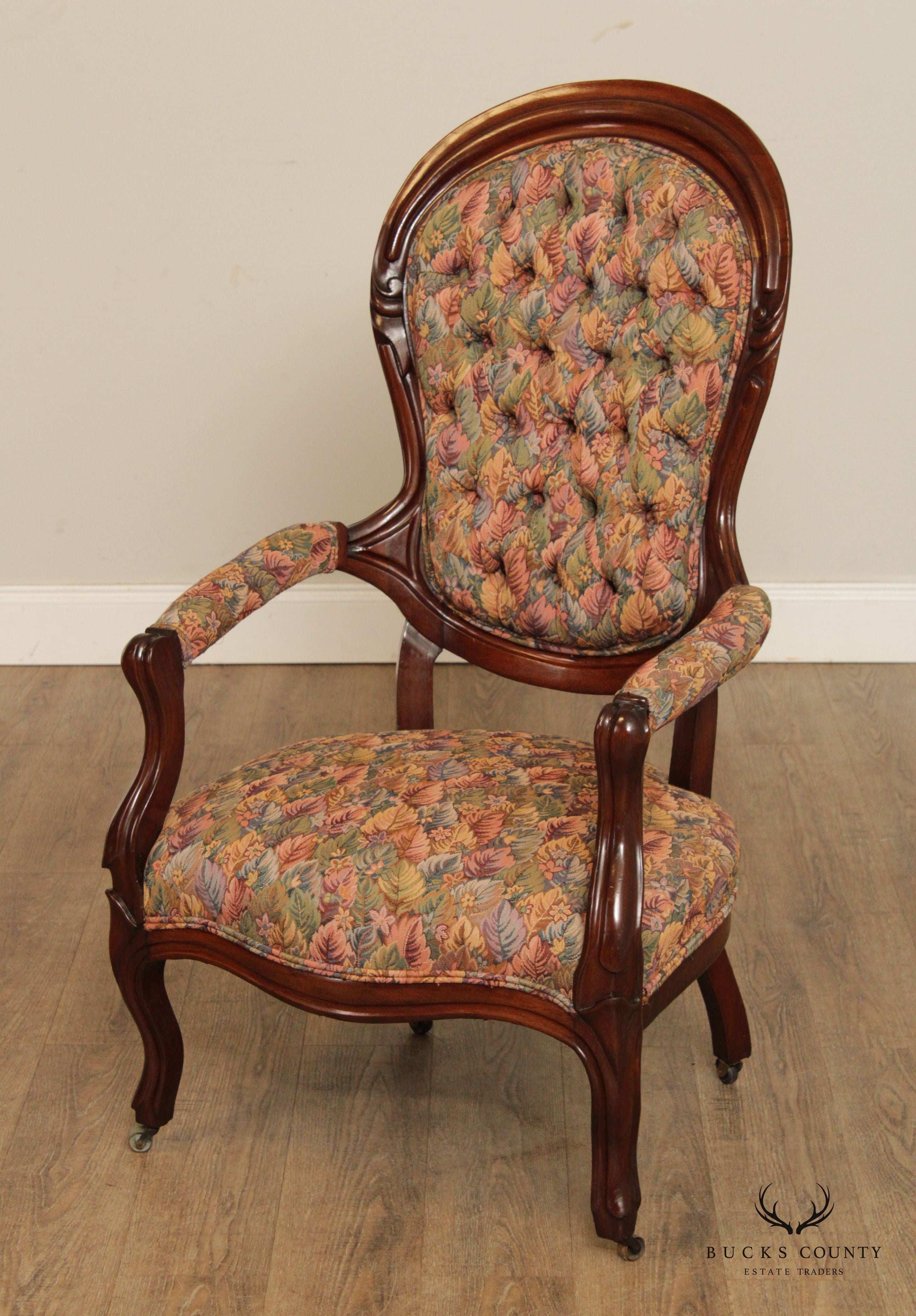 Antique Victorian Custom Upholstered Walnut Parlor Armchair