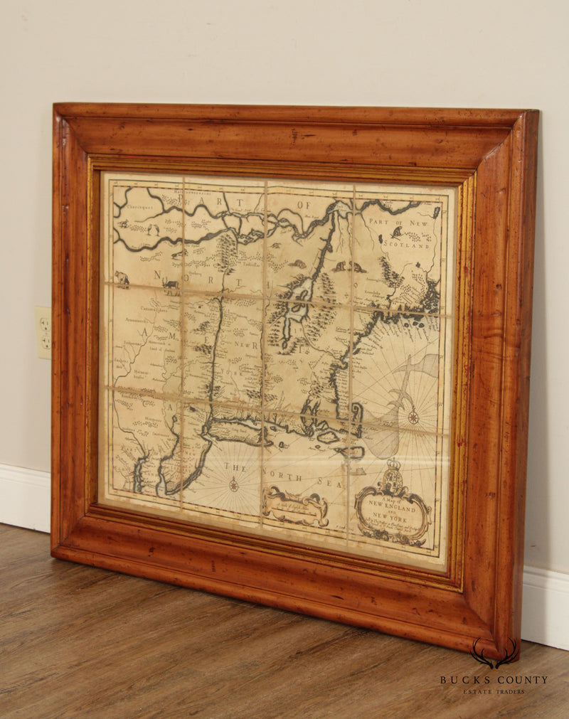 Vintage Reproduction 17th C. Map of New England and New York, Custom Framed