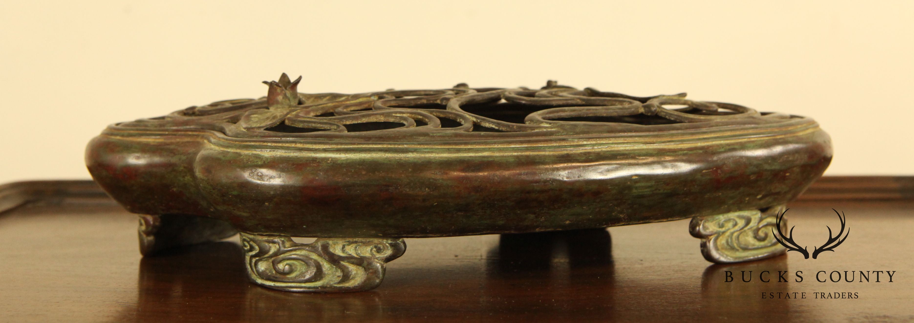 Painted Bronze Pond Form Censer with Frog and Lotus Blossom