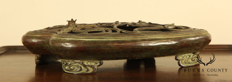 Painted Bronze Pond Form Censer with Frog and Lotus Blossom