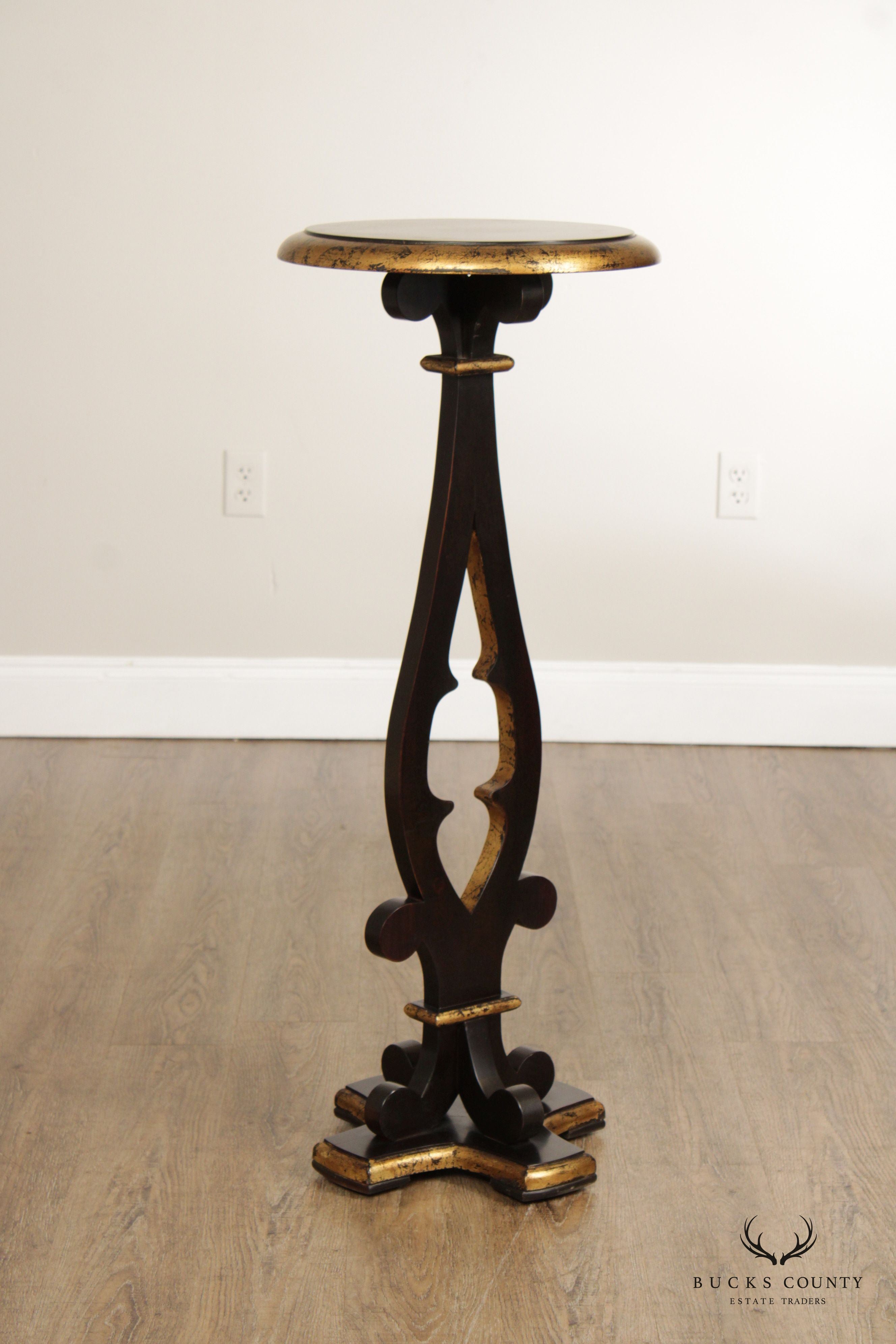 Vintage Ebonized and Partial Gilt Pair of Pedestal Plant Stands