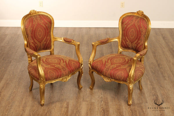 French Louis XV Style Pair Giltwood Fauteuil Armchairs
