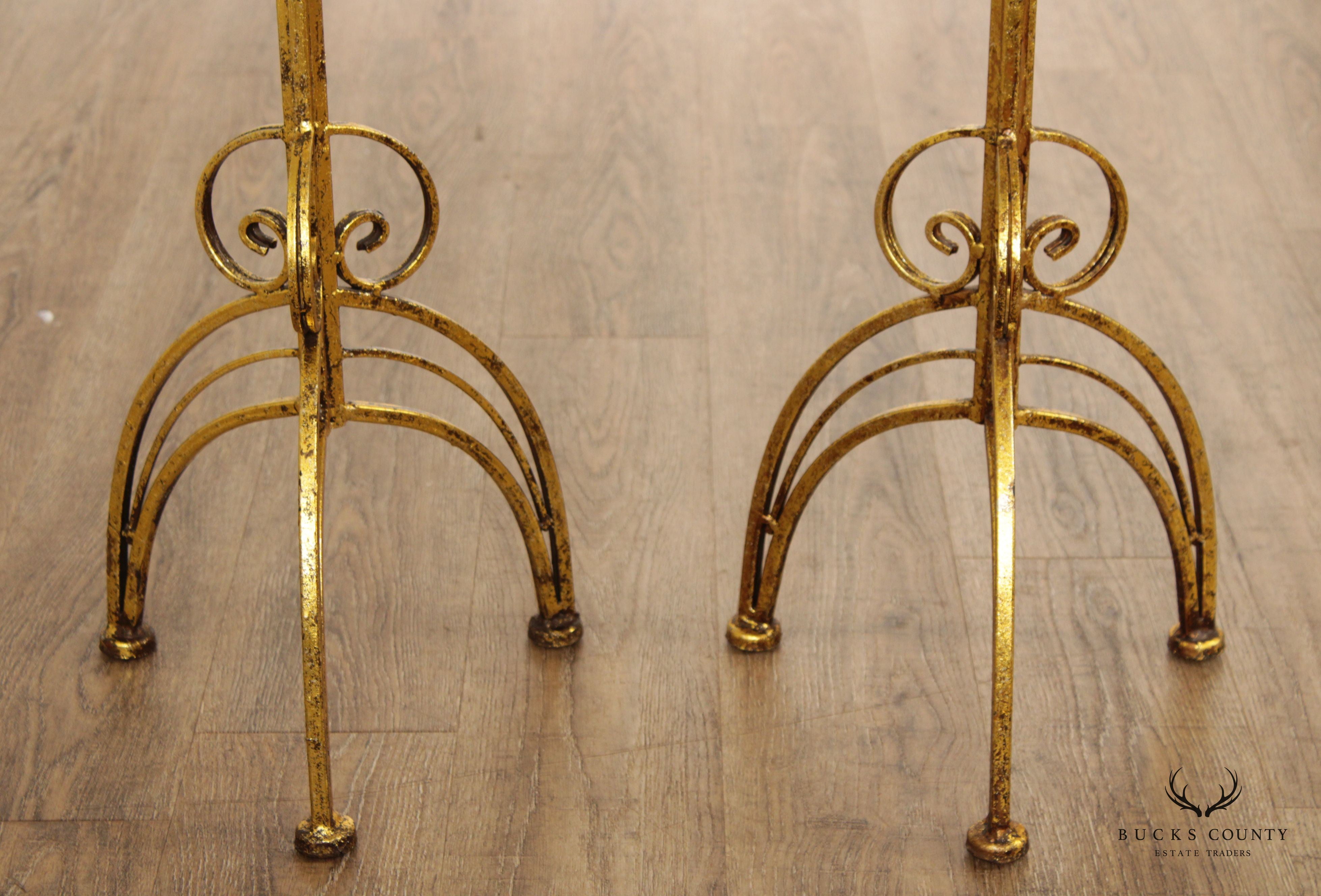 Hollywood Regency Pair Gilt Metal Scroll Candle Stands