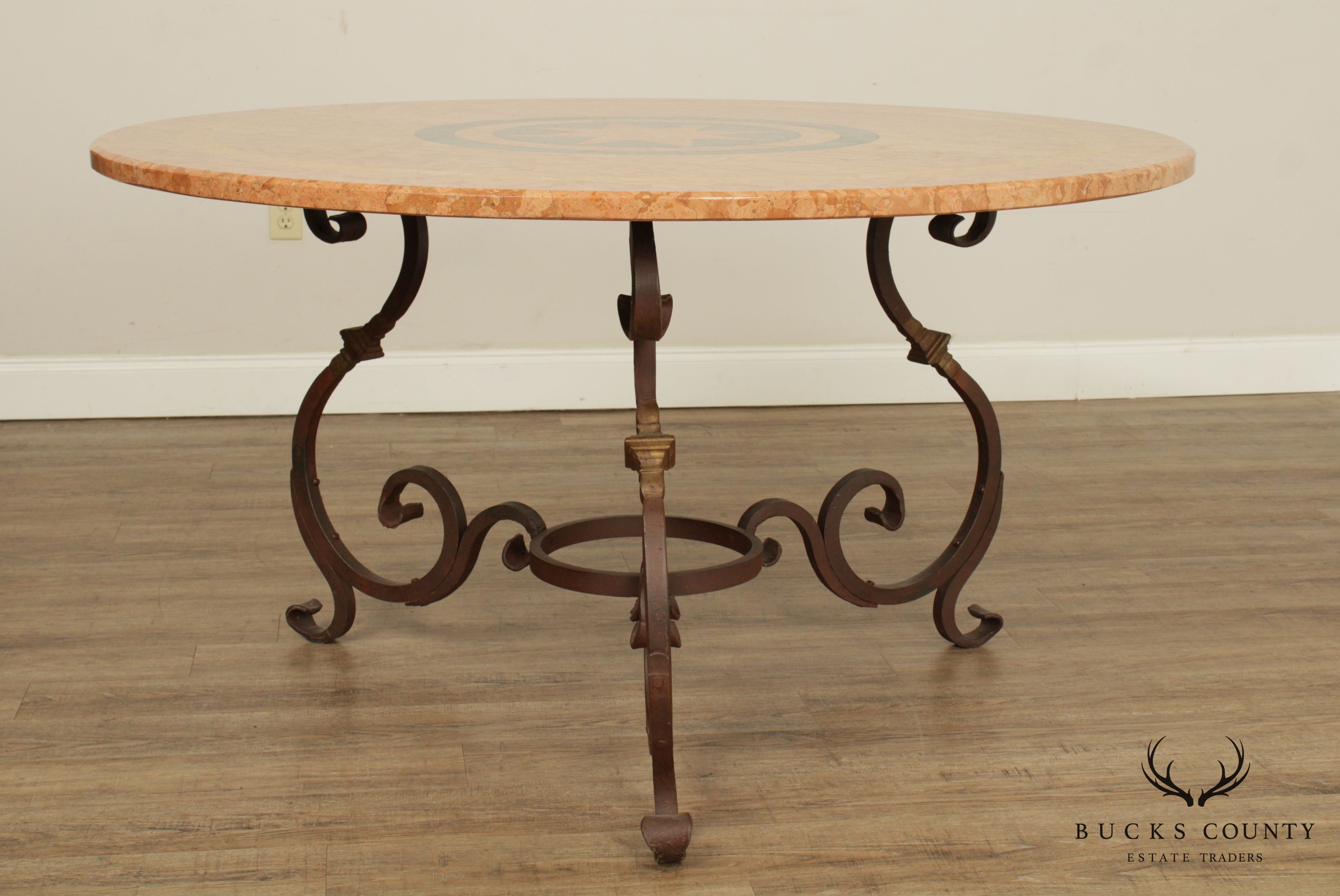 Tuscan Style Iron Scroll Base Round Marble Top Dining Table