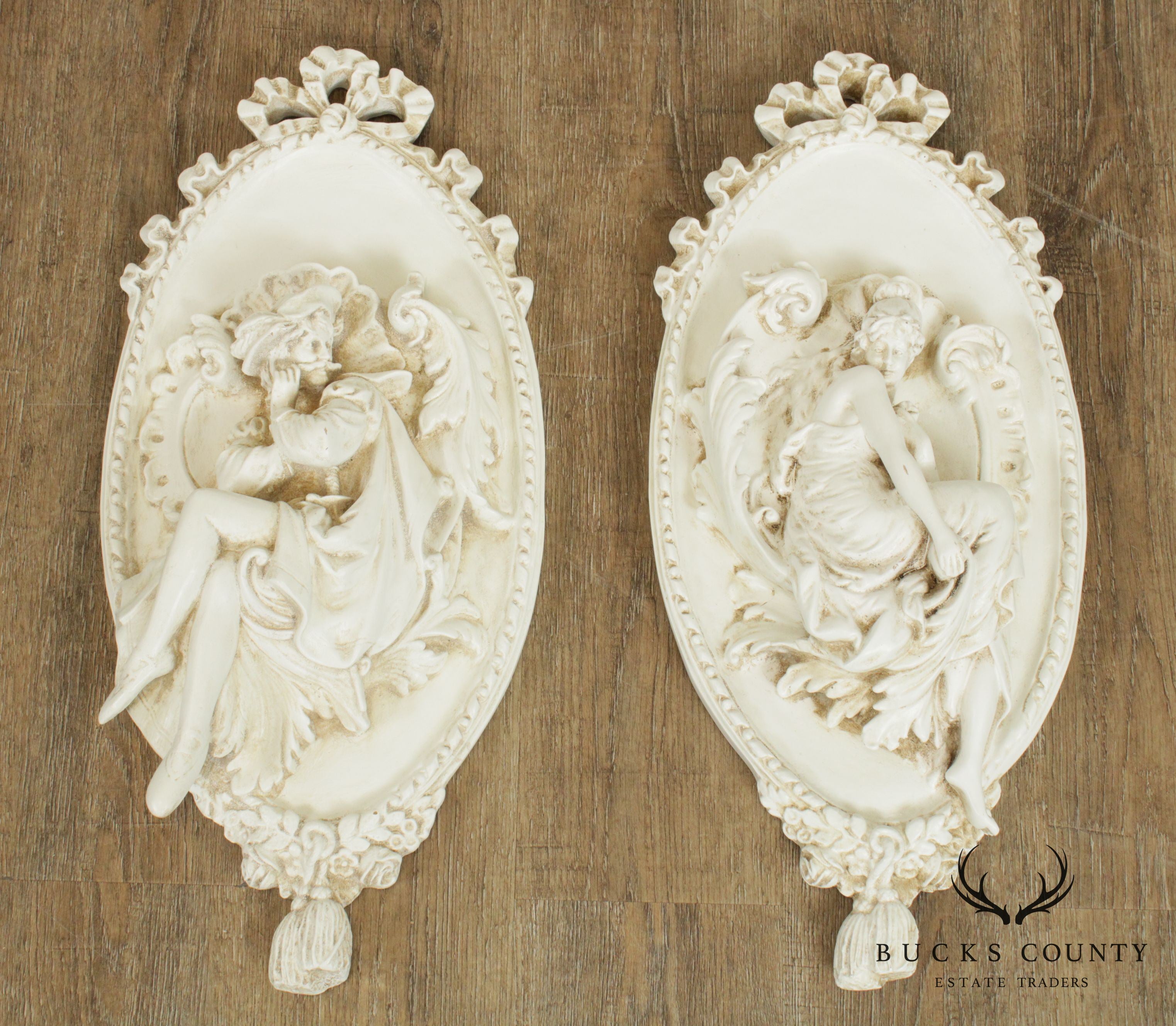 Renaissance Style Carved White Painted Pair Wall Plaques