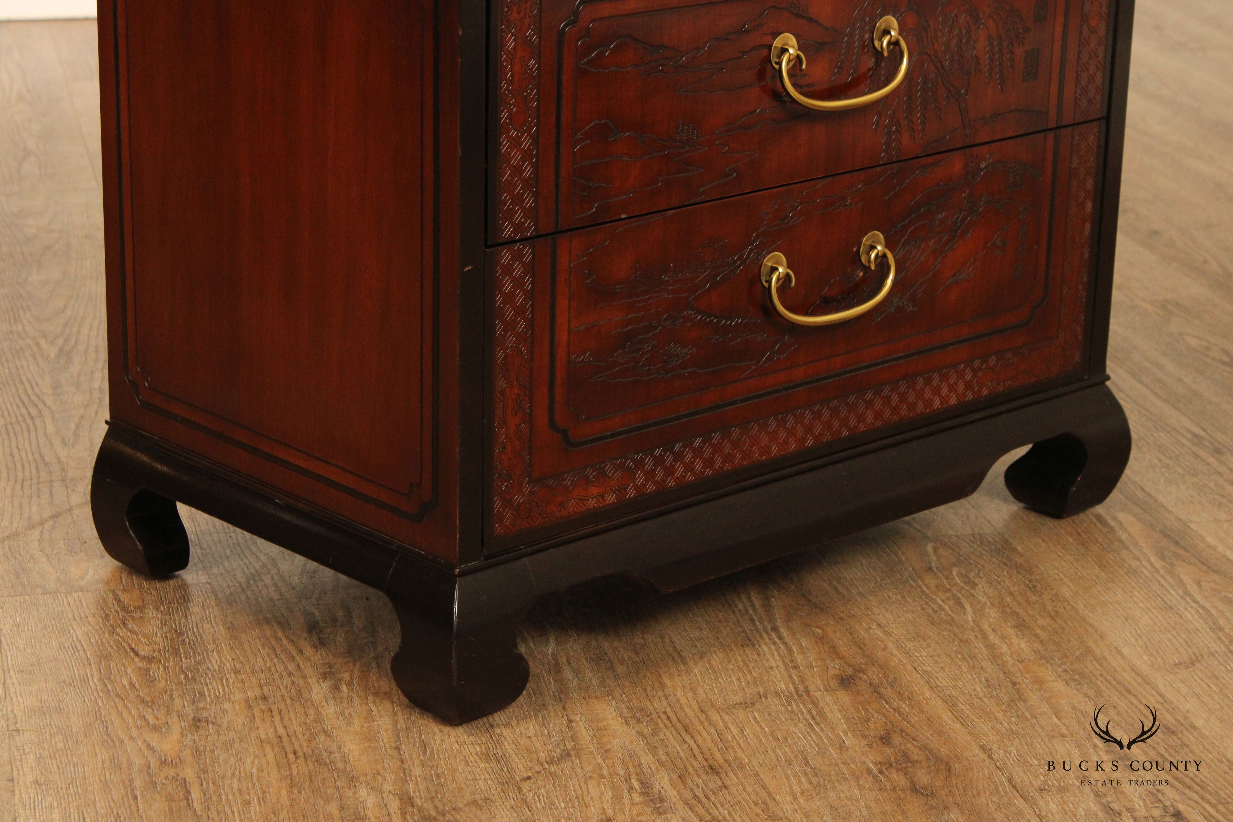 Drexel Heritage 'Conoisseur' Pair of Carved Mahogany Nightstands