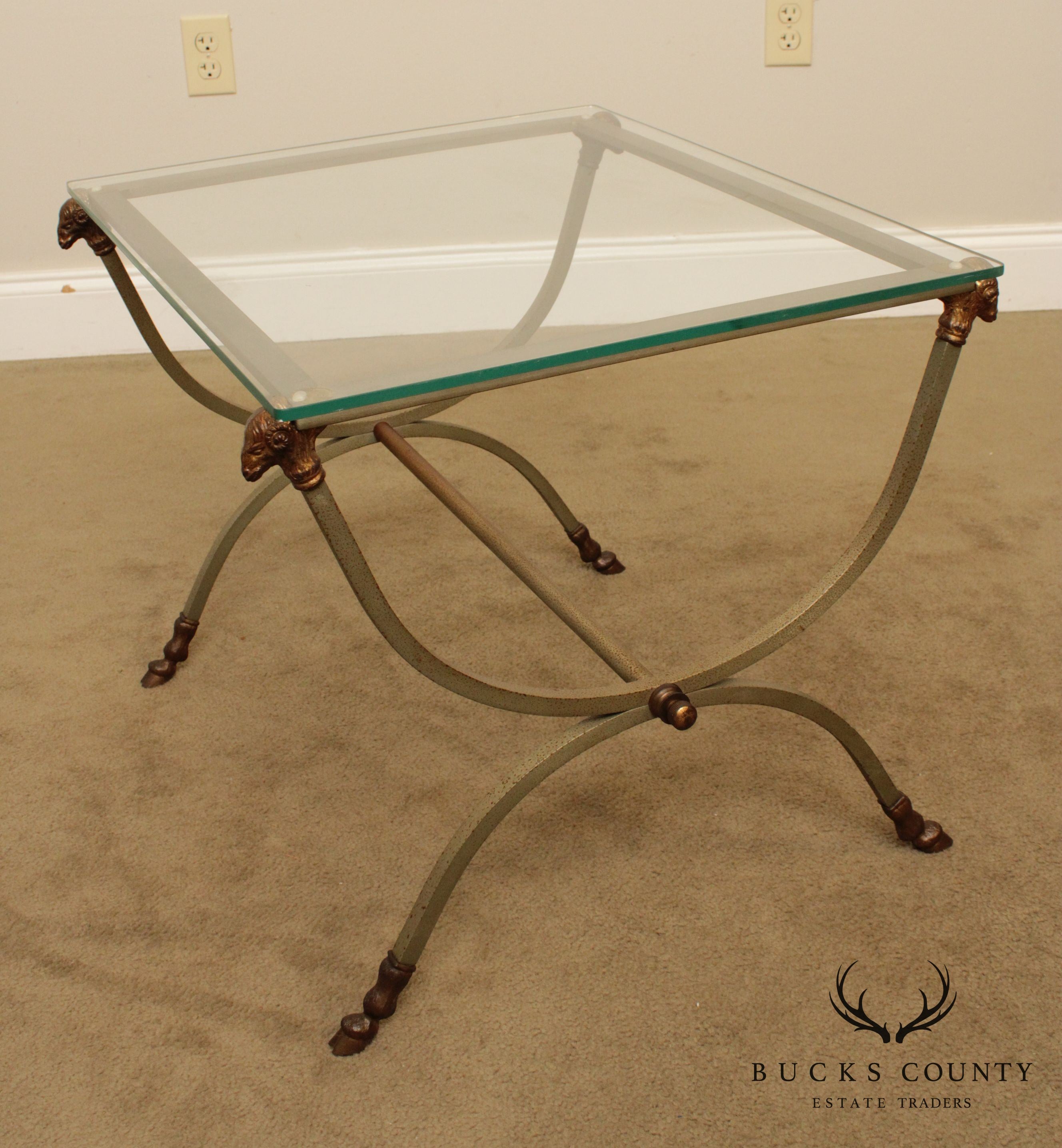 Directoire Style Vintage Steel, Brass Hoof Foot Glass Top Side Table