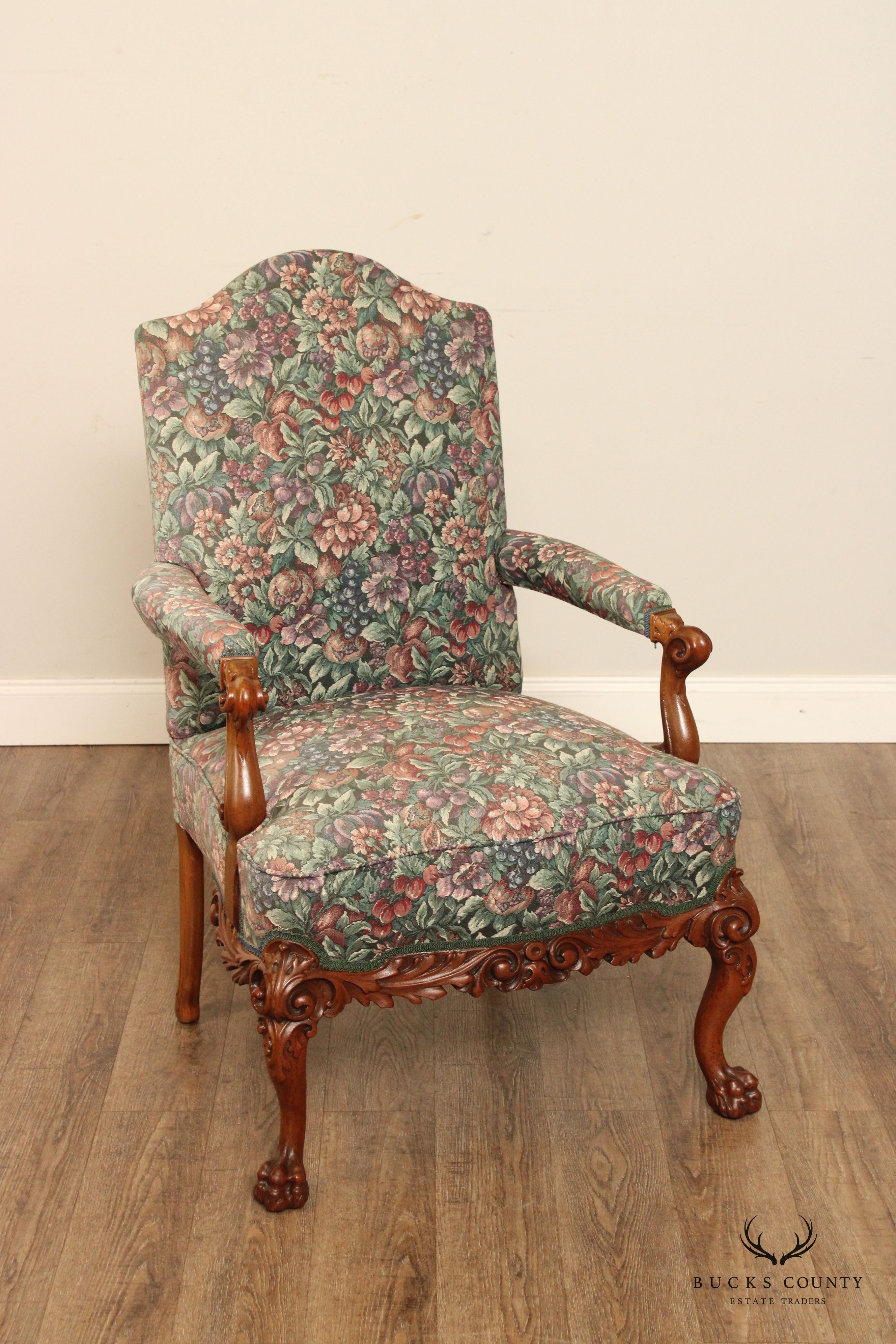 Georgian Style Carved Mahogany Library Armchair