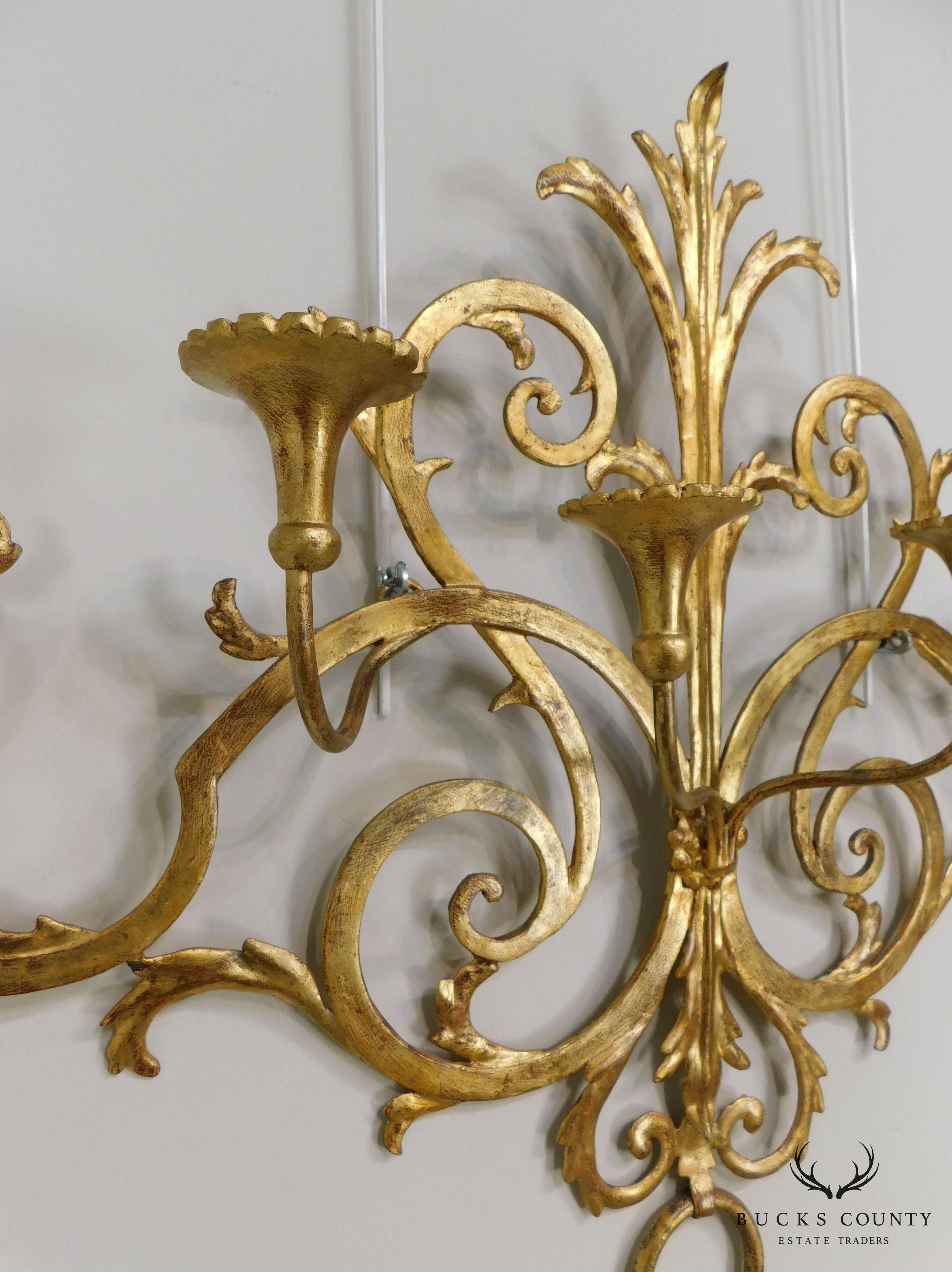 1950's Italian Gilt Metal Large 6 Candle Holder Wall Sconce