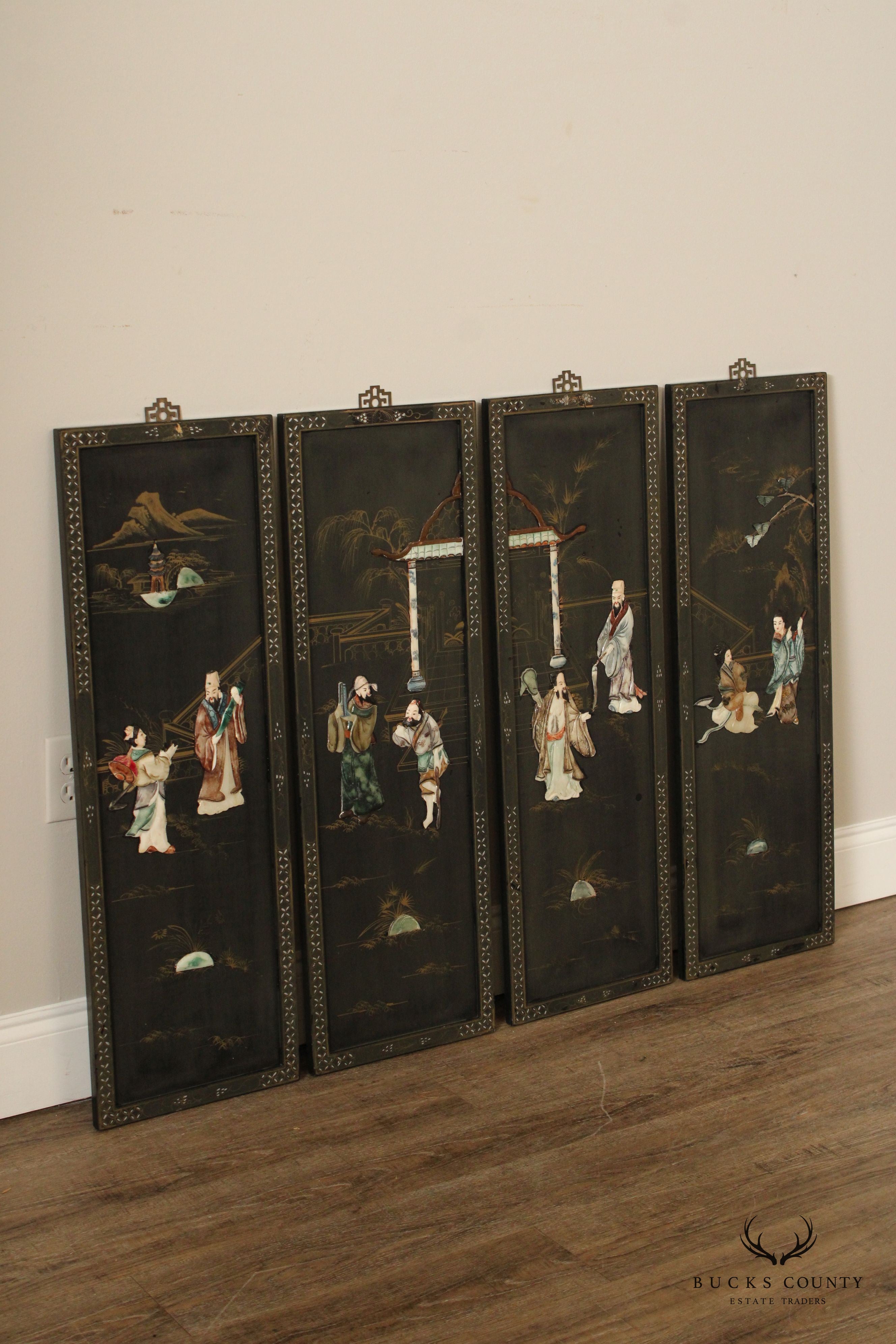 Chinese Set of Four Black Lacquered Wall-Hanging Room Divider Panels