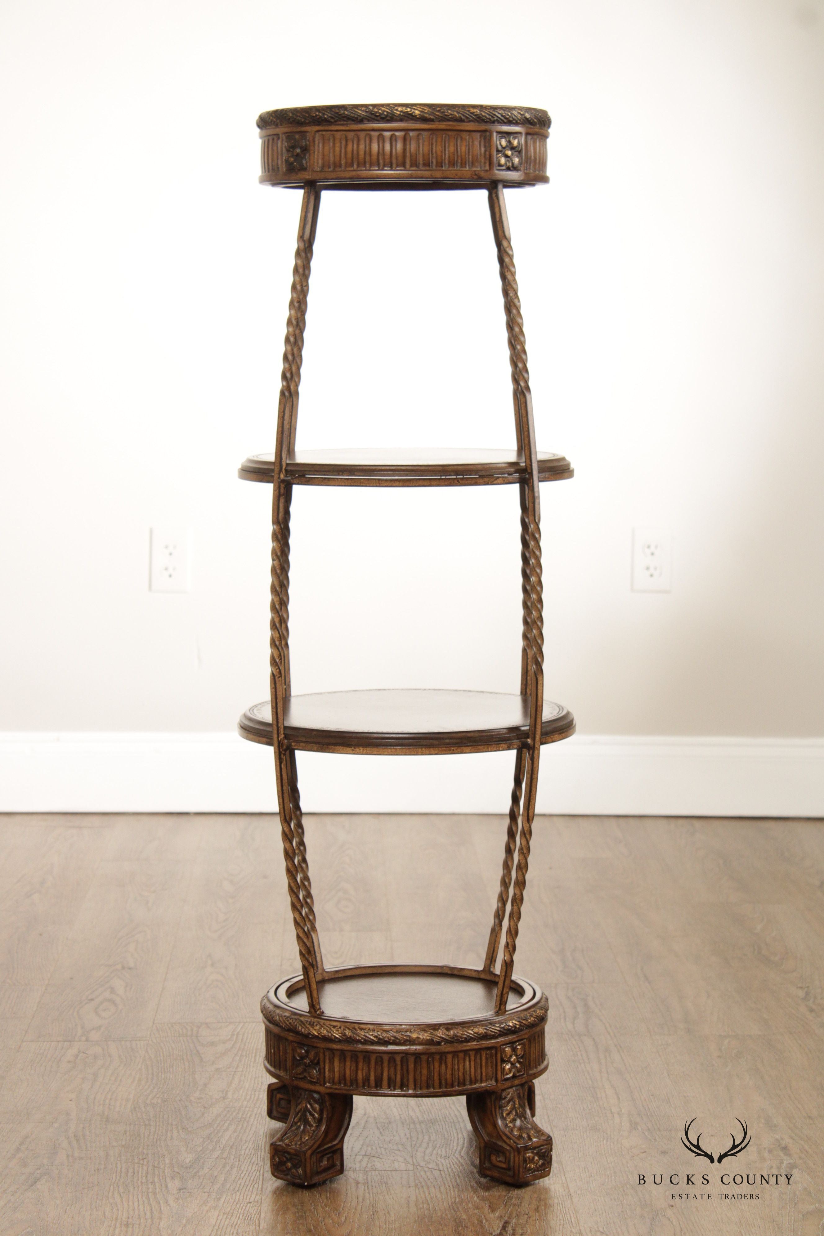 Regency Style Iron and Leather Four-Tier Etagere