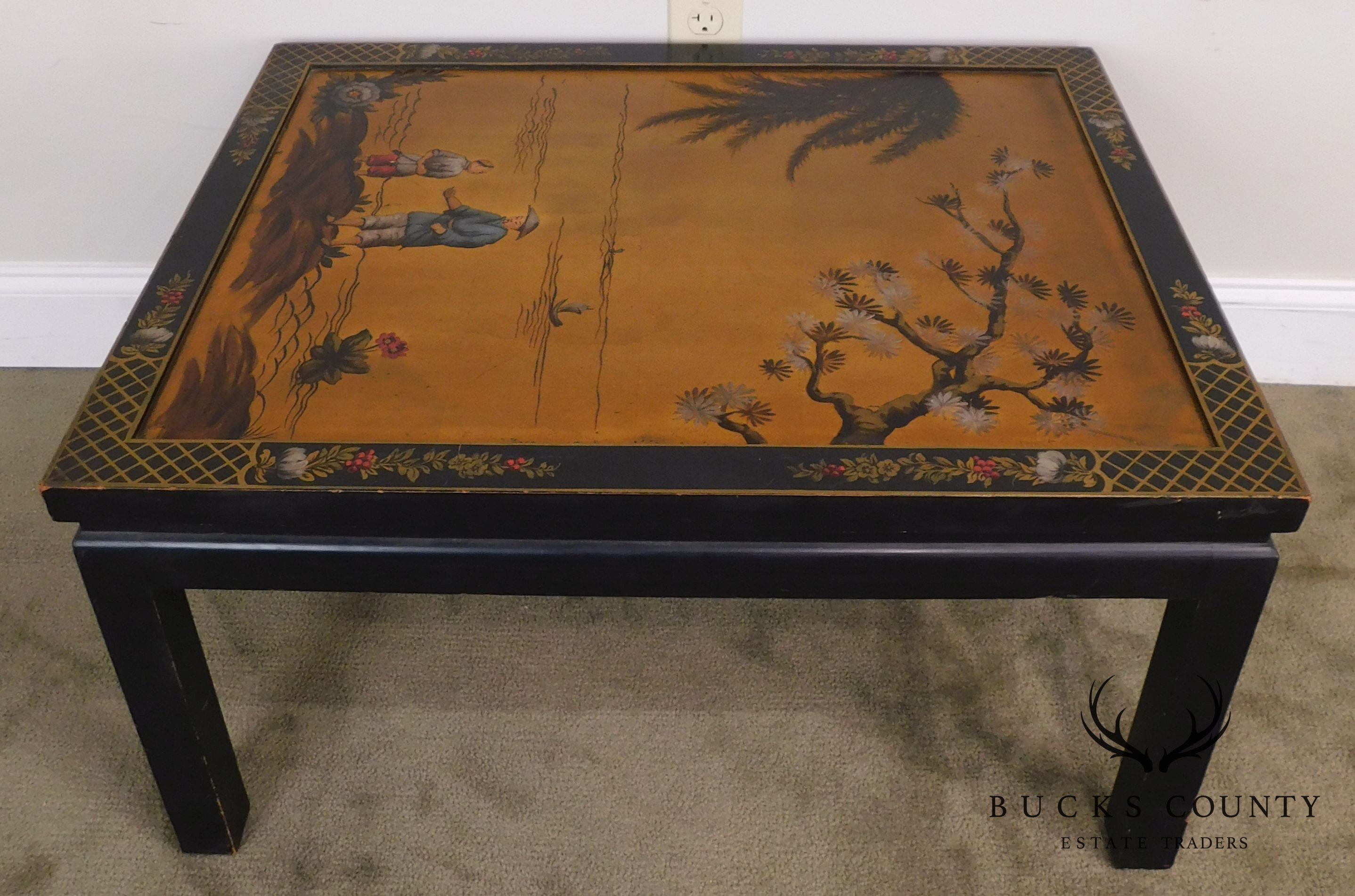 Kozak Studios Black & Gold Chinoiserie Painted Pair Side Tables