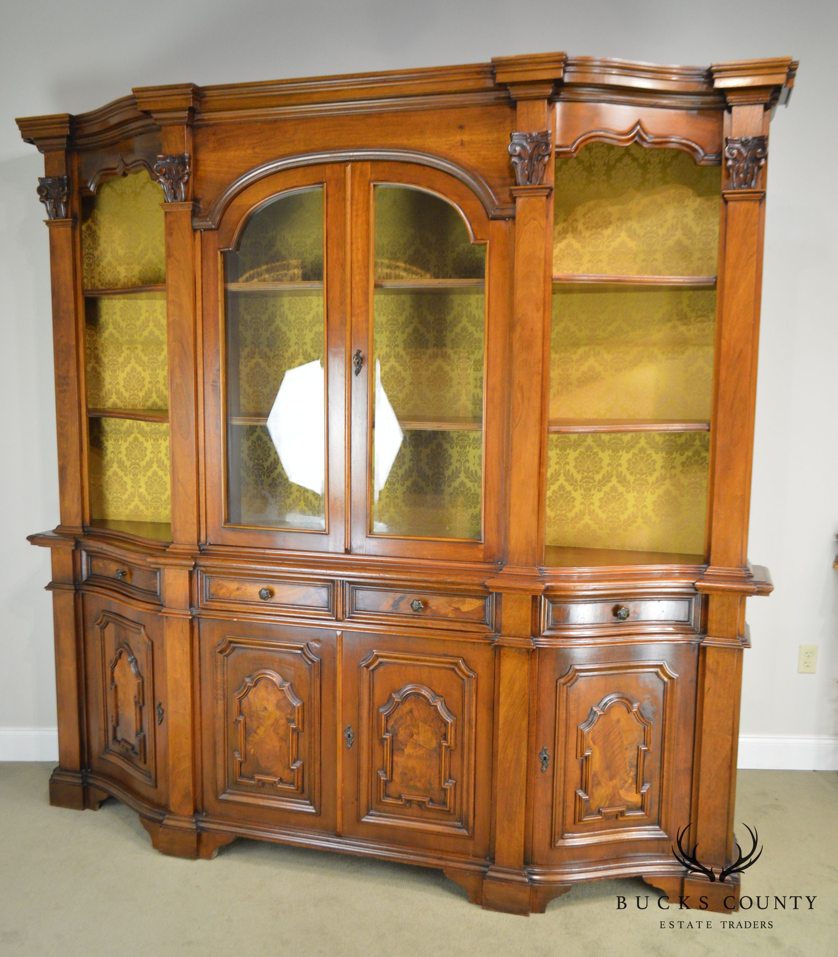 Italian Walnut Vintage 1960's Large Walnut Bookcase Breakfront