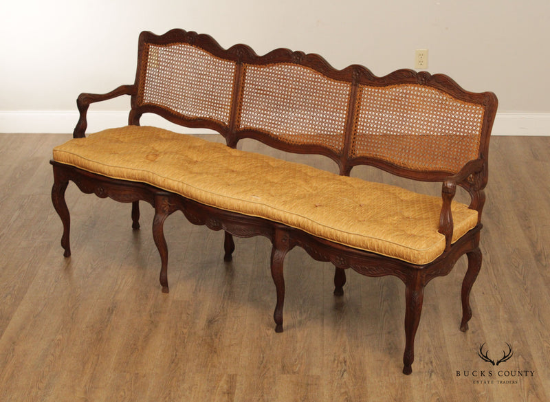 French Louis XV Style Antique Carved and Caned Three-Seat Settee Bench