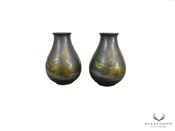 CPO Occupied Japan Pair Incised Bronze Vases with Birds