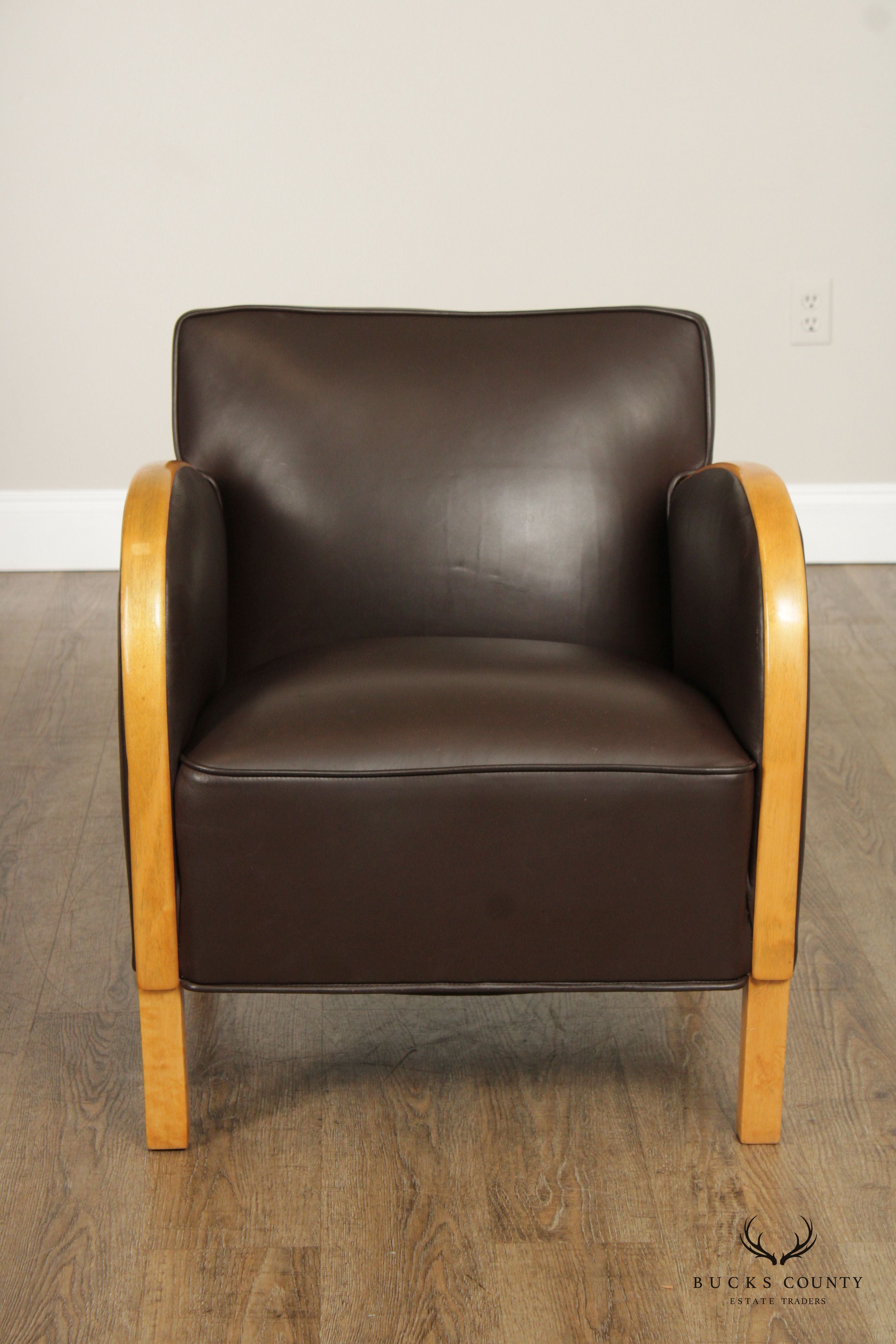 Art Deco Style Pair of Leather and Maple Club Chairs