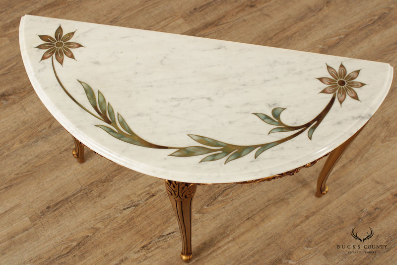 Italian Regency Style Marble Top Giltwood Demilune Console Table
