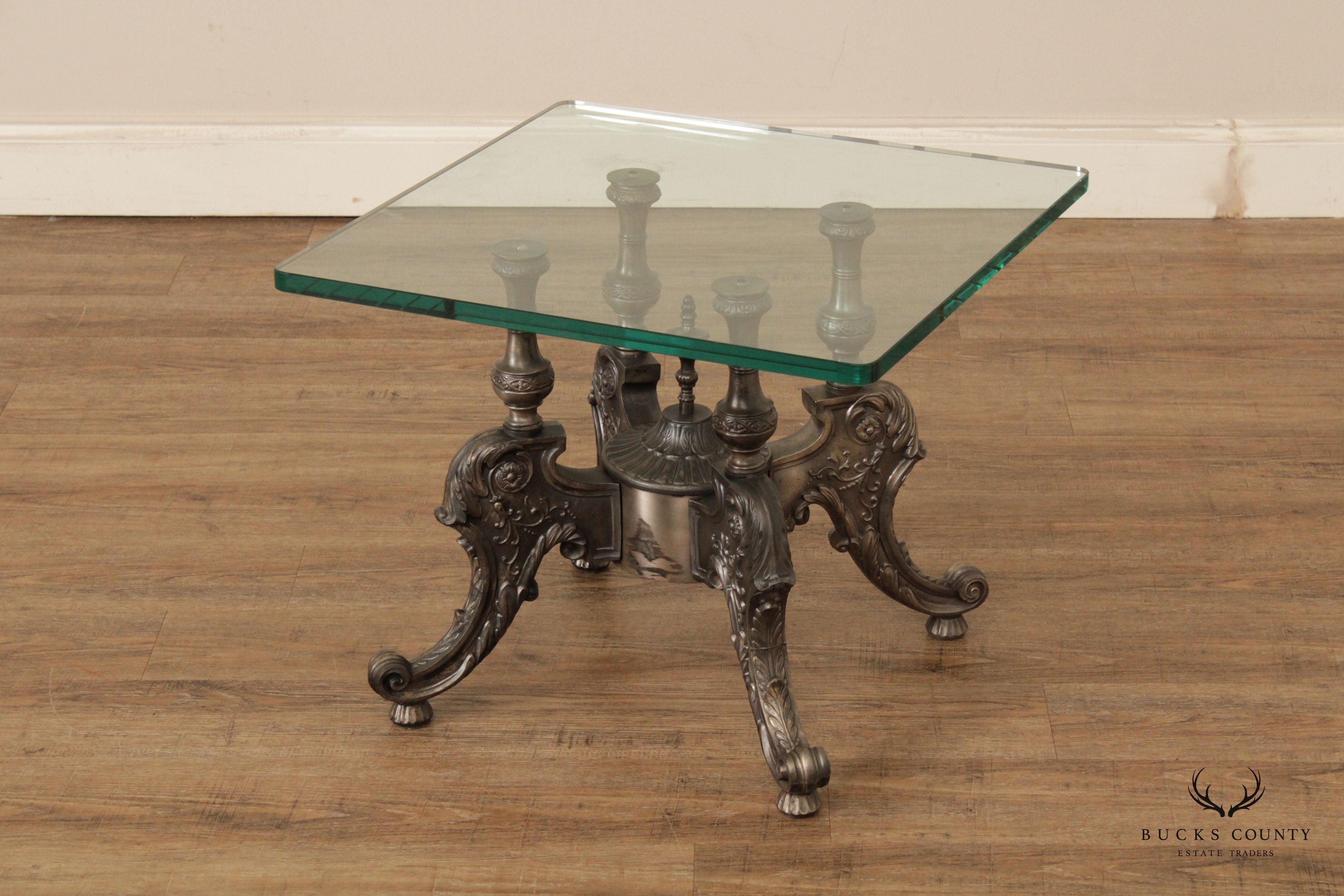 Victorian Style Pair of Cast Metal Glass-Top Coffee Tables