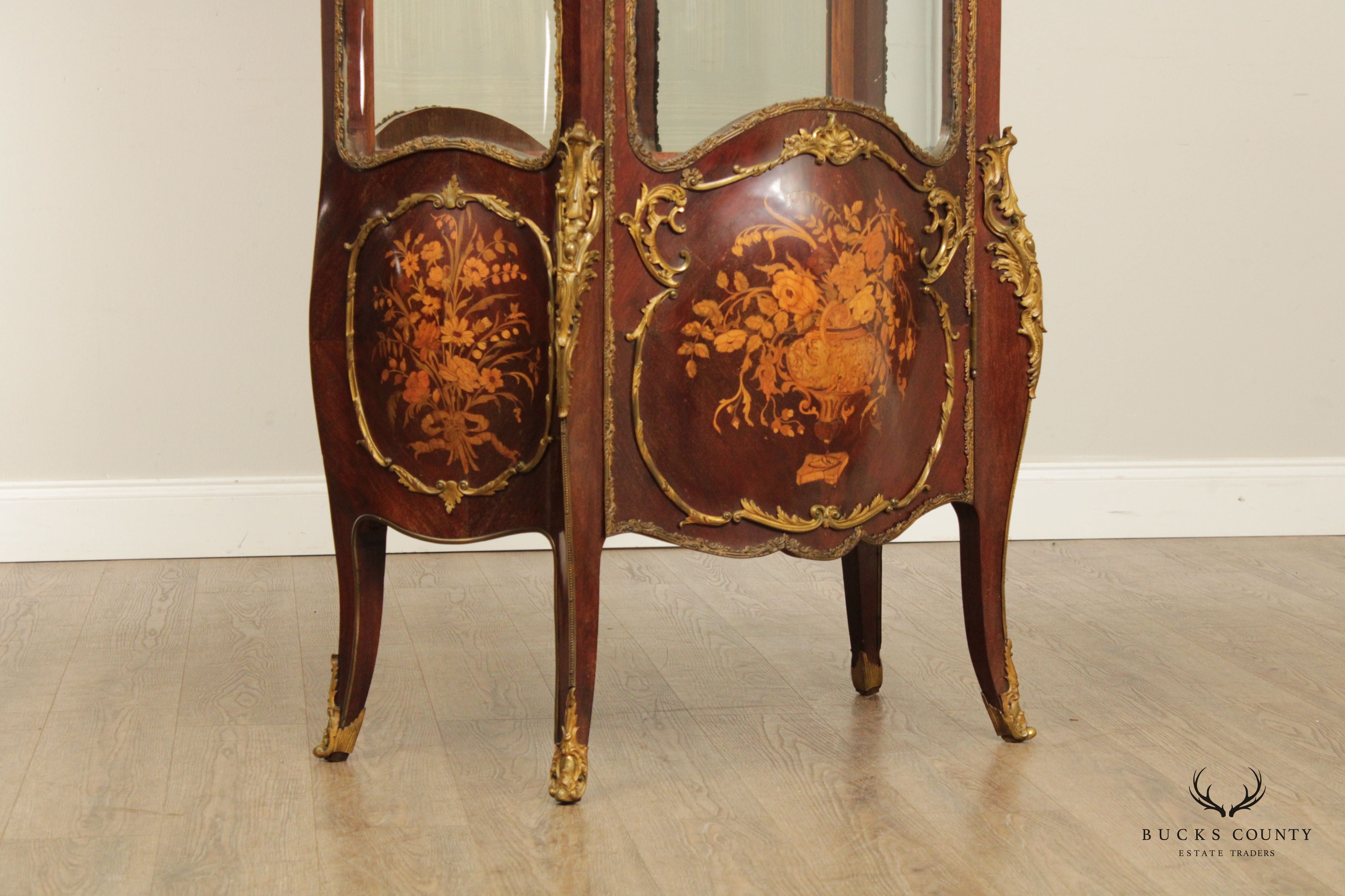 French Louis XV Style Inlaid Vitrine Display Cabinet