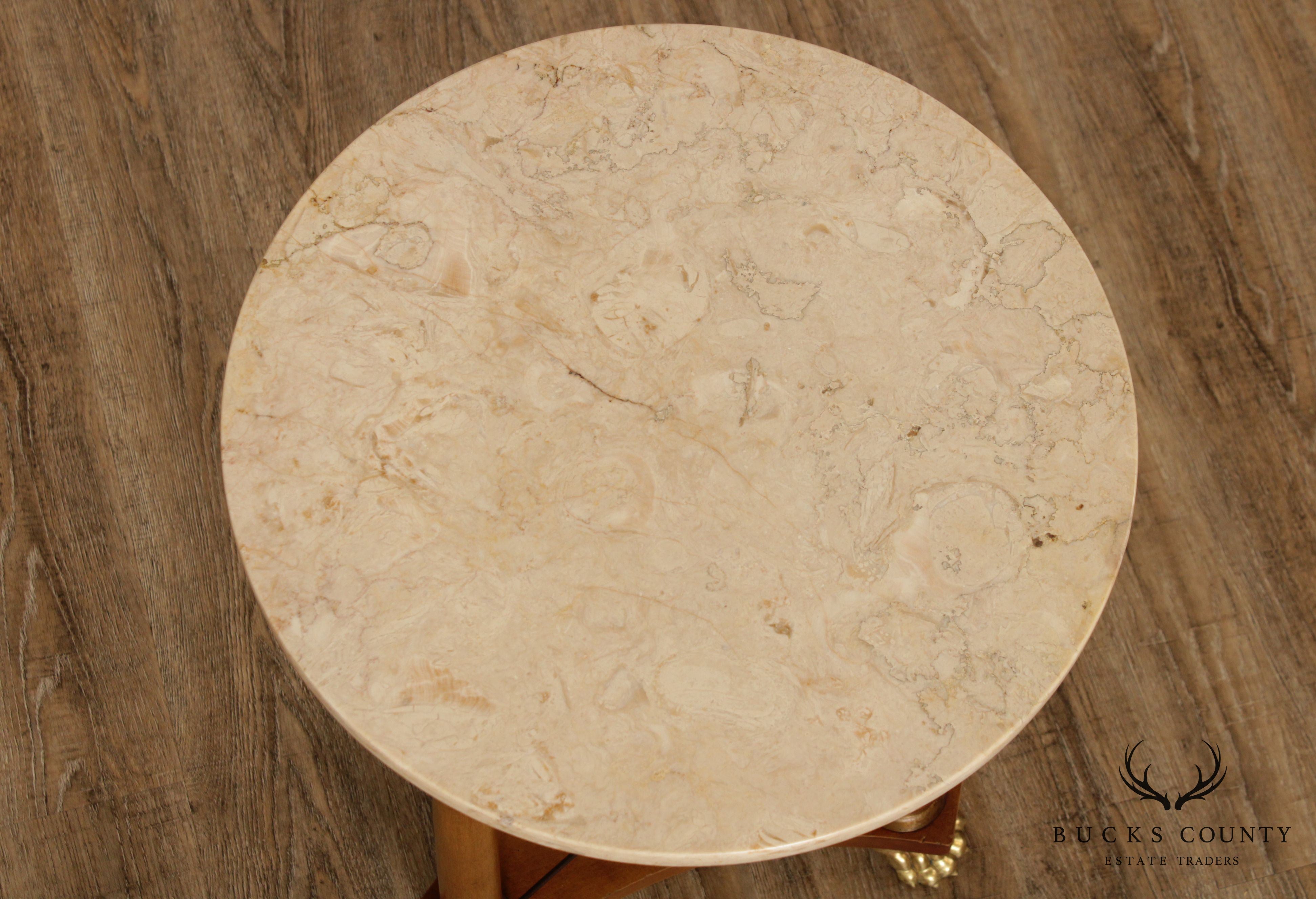 Neo Classical Style Vintage Round Marble Top Brass Footed Side Table