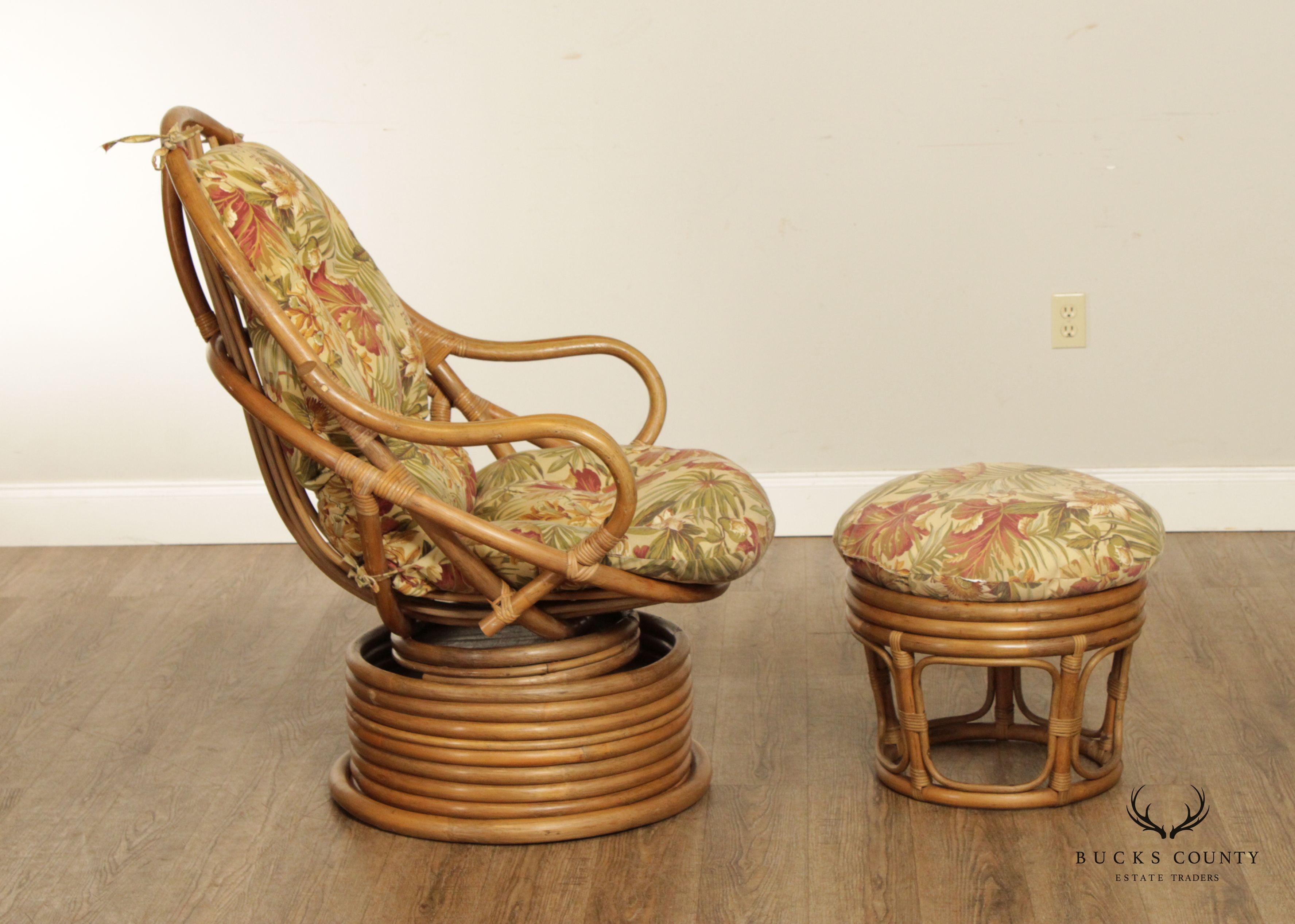 Mid Century Modern Pair Rattan Swivel Lounge Chairs with Ottoman