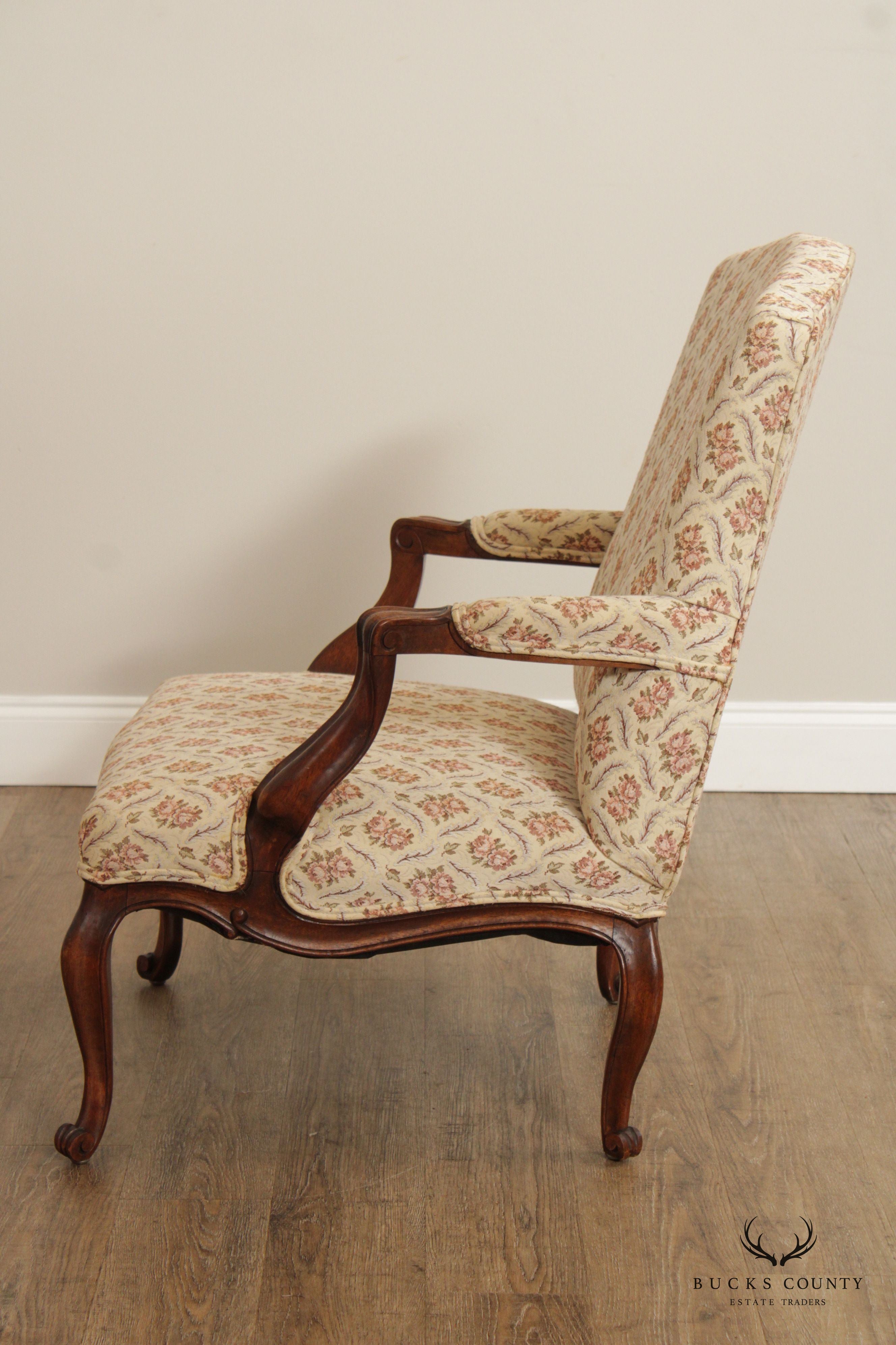 Antique French Louis XV Style Carved Walnut Fauteuil Armchair