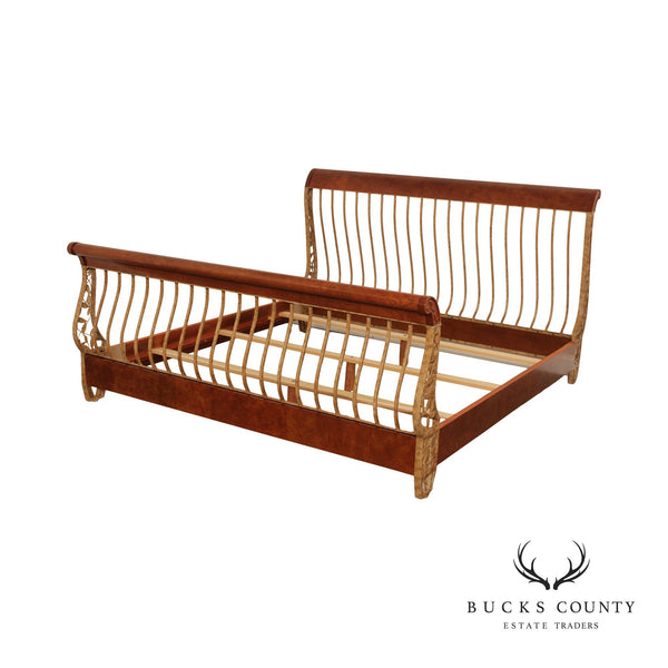French Country Style Burl Wood and Iron King Size Sleigh Bed