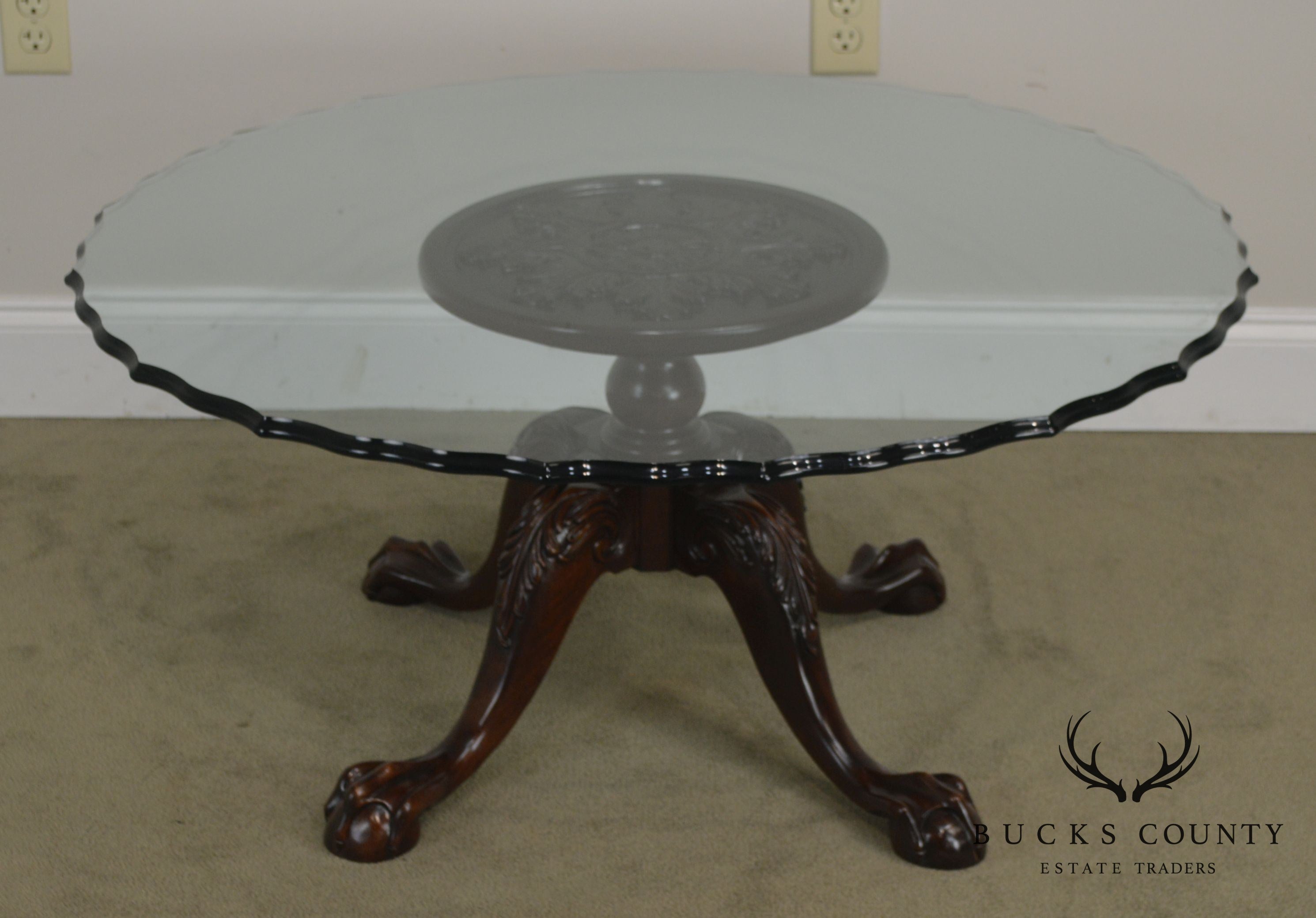 Carved Mahogany Ball & Claw Chippendale Style Glass Top Coffee Table