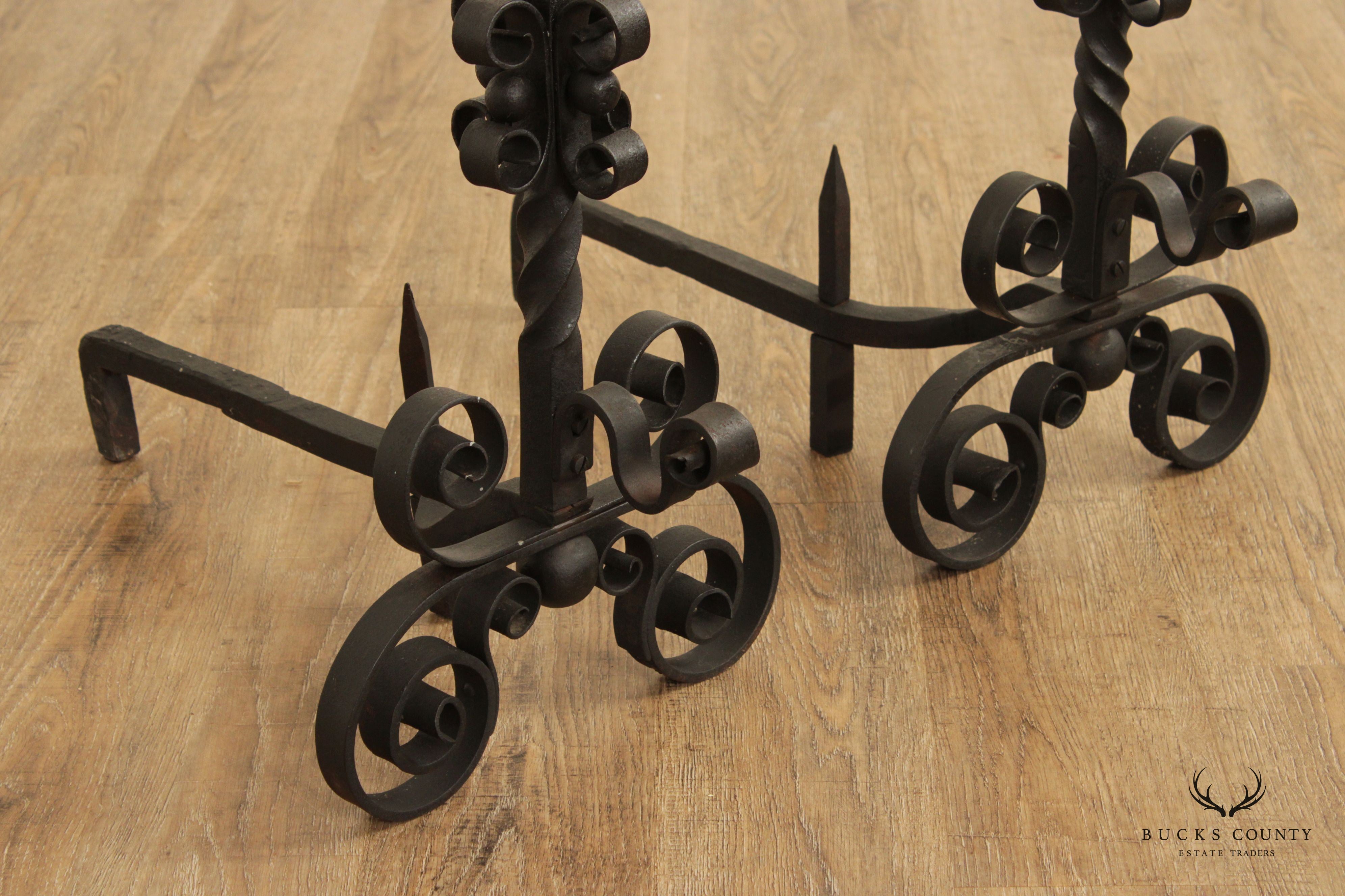 Vintage Gothic Style Pair Wrought Iron Scroll Andirons