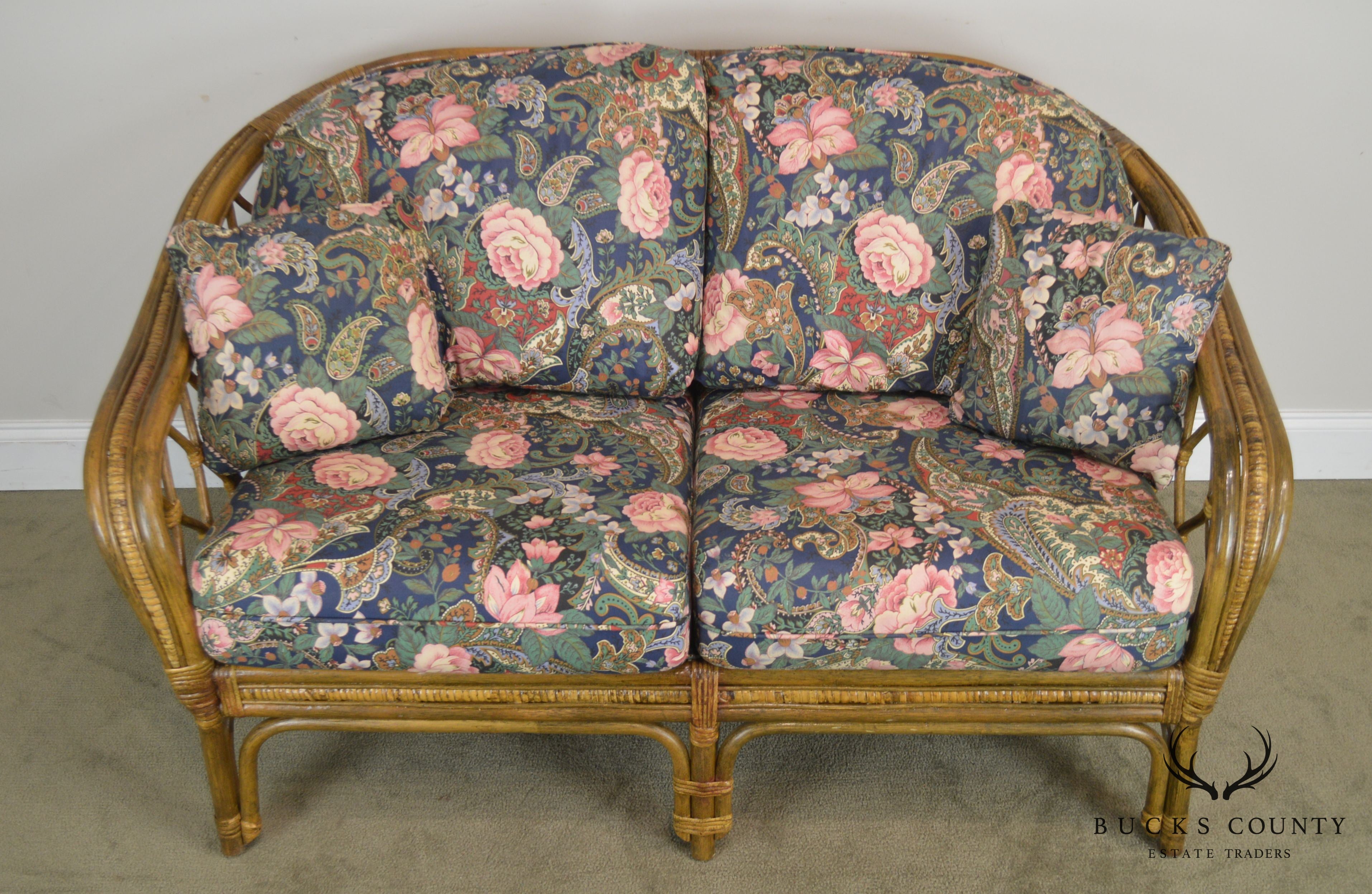 Quality Rattan Pair Curved Back Loveseats with Custom Floral Upholstered Cushions