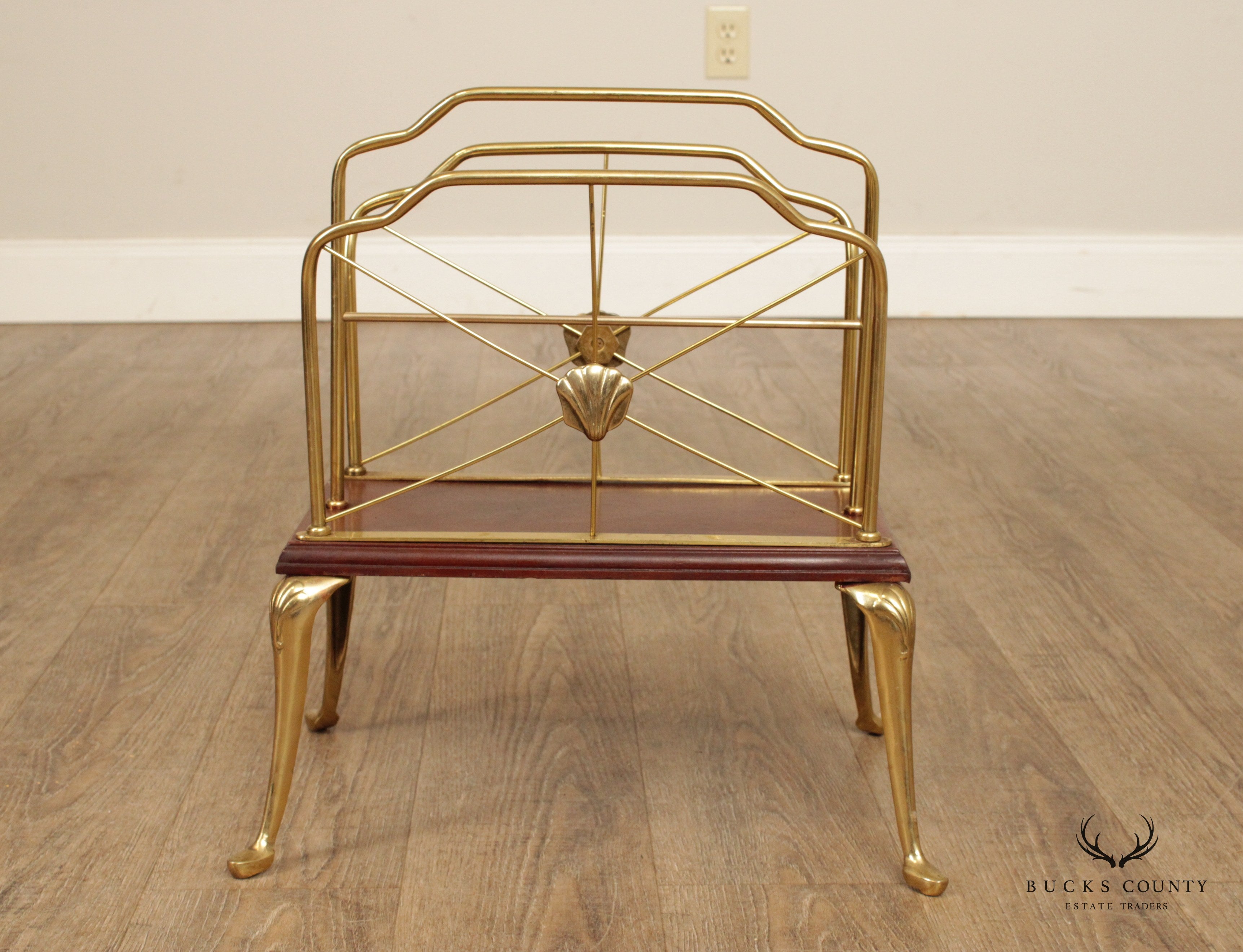 Decorative Crafts Inc. Regency Style Pair of Brass and Cherry Magazine Racks