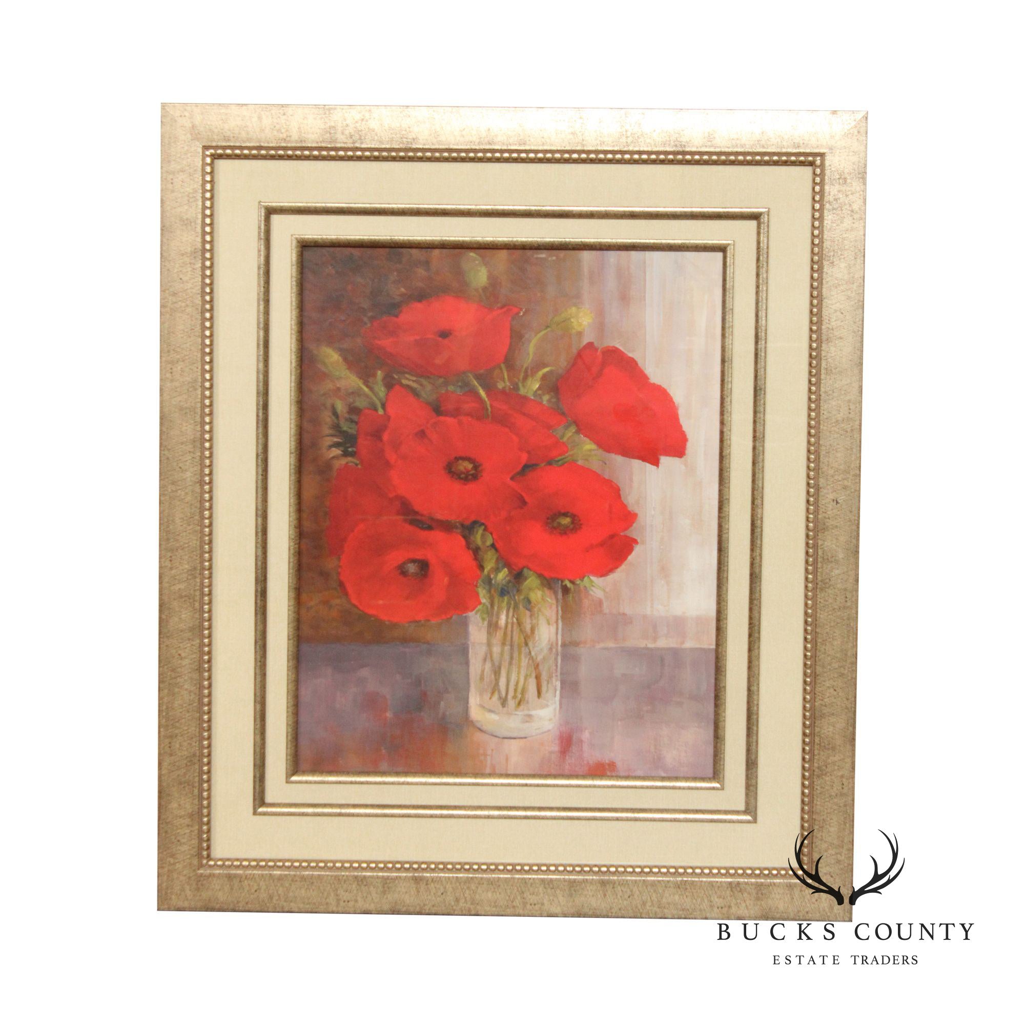 Contemporary Floral Red Poppy Still Life Art Print, Custom Framed