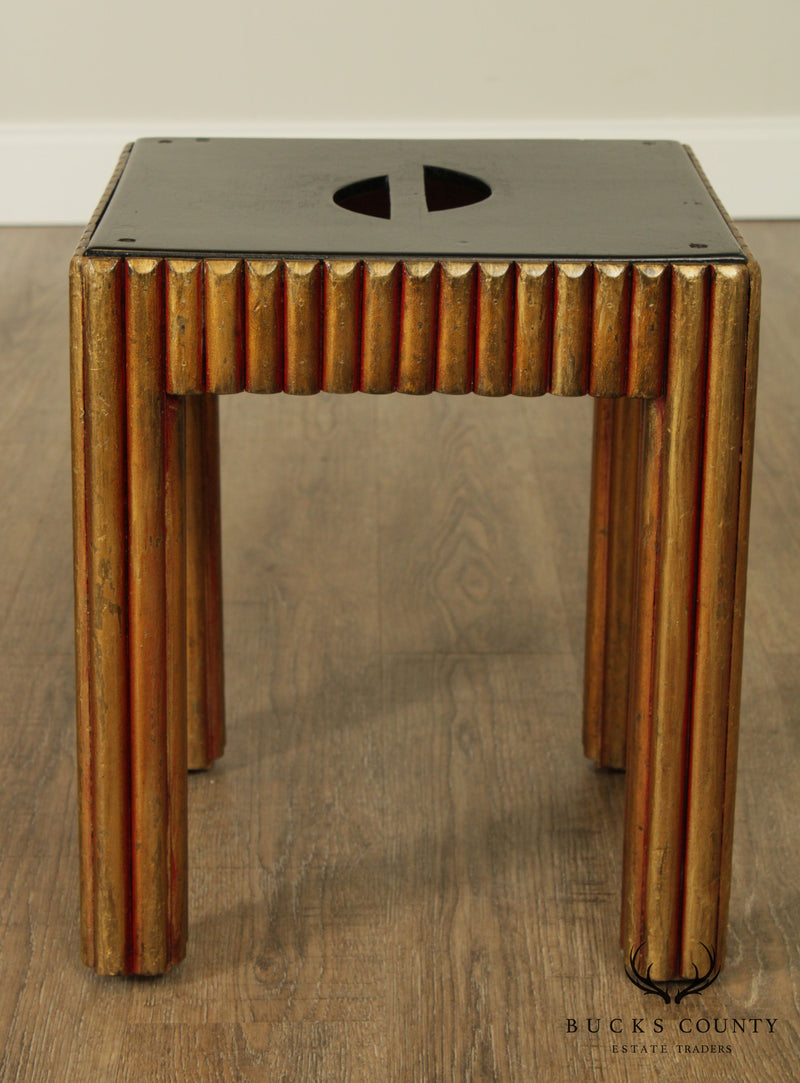 Vintage Art Deco Polychrome Painted Black and Gold Taboret Side Table